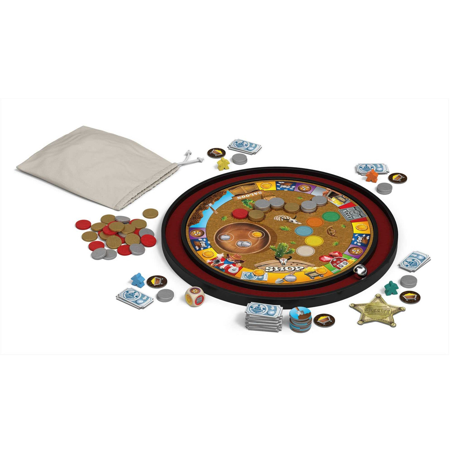 Ein Brettspiel mit rundem Brett, Spielsteinen, Geld, Würfeln und einem Sheriff-Abzeichen. Neben dem Brett liegt ein Beutel mit Münzen.
