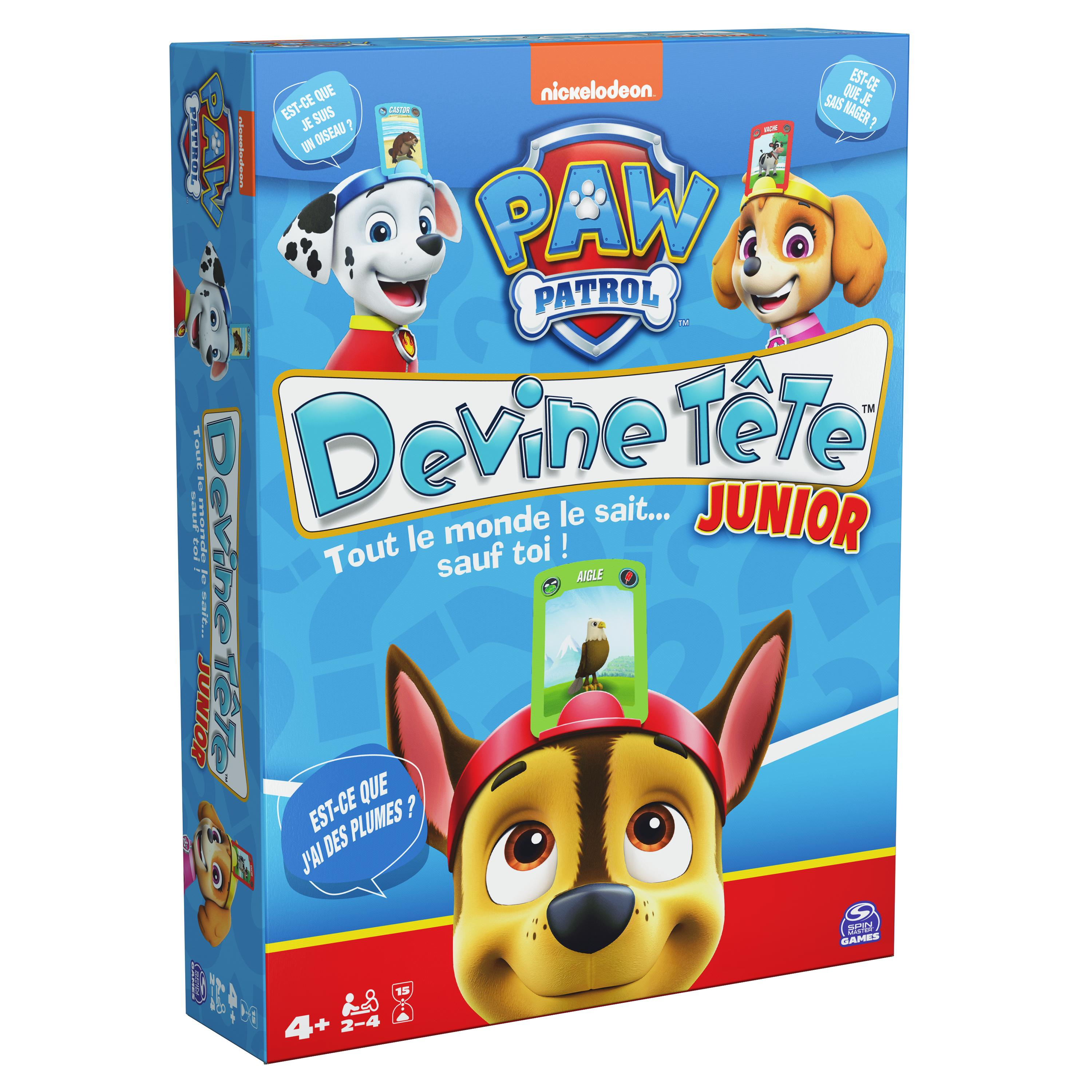 Doos van het Paw Patrol Devine Tete Junior spel. Voorzien van cartoon pups, tekst en logo's. Felle kleuren en speels design.