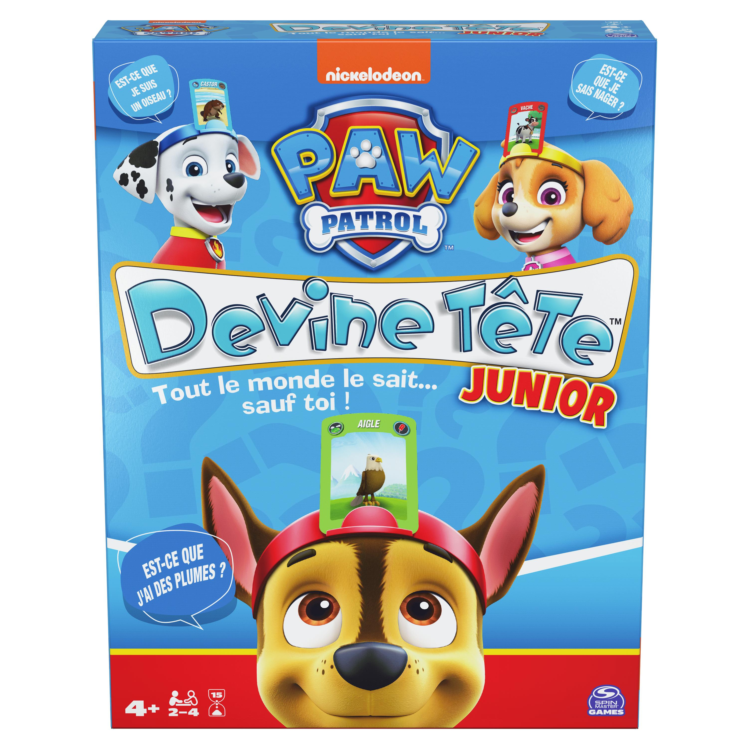 Paw Patrol bordspeldoos. Bevat cartoonhonden, speltitel en Nickelodeon-logo. Er zijn verschillende vragen aanwezig.