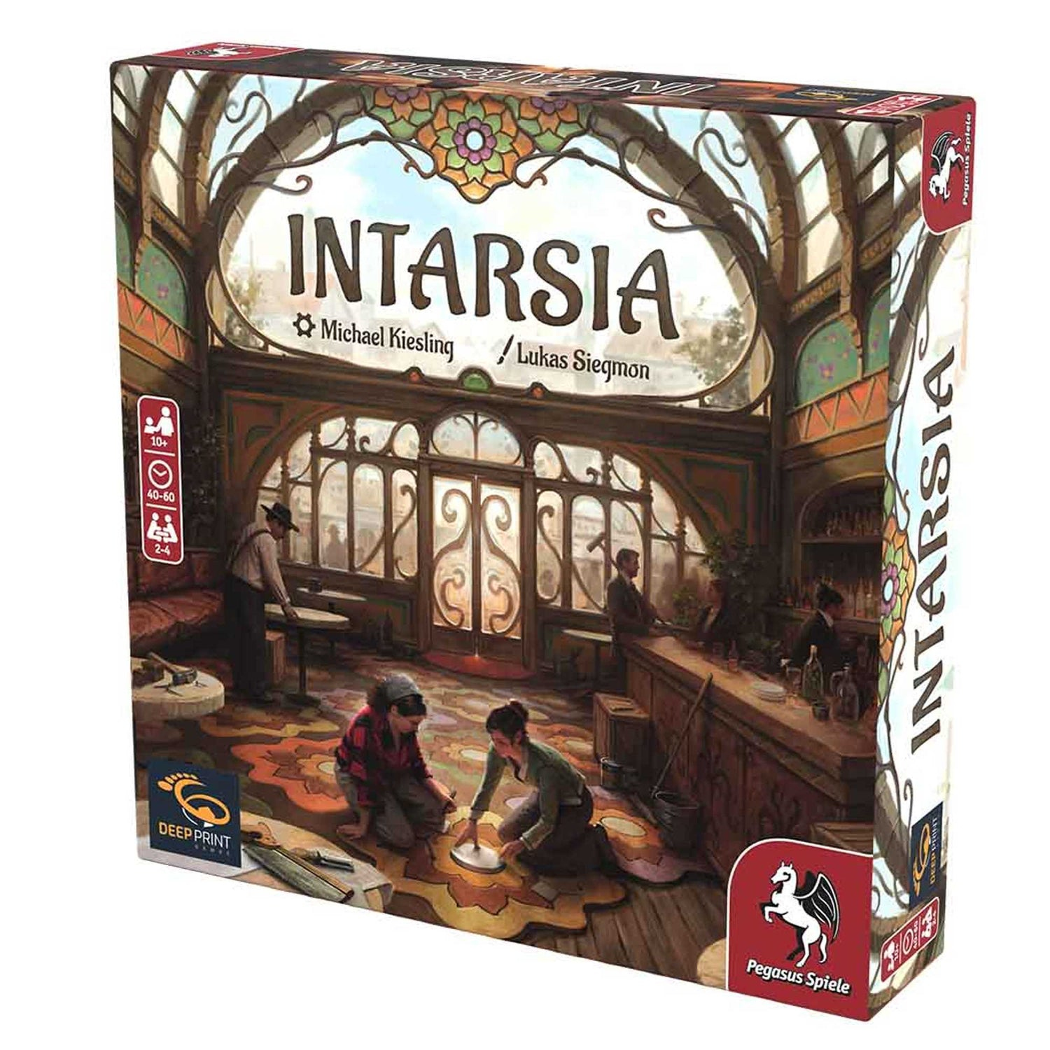 Eine Spielbox mit dem Titel 'INTARSIA'. Sie zeigt eine detaillierte Innenszene mit Menschen, Buntglas und einer Bar.