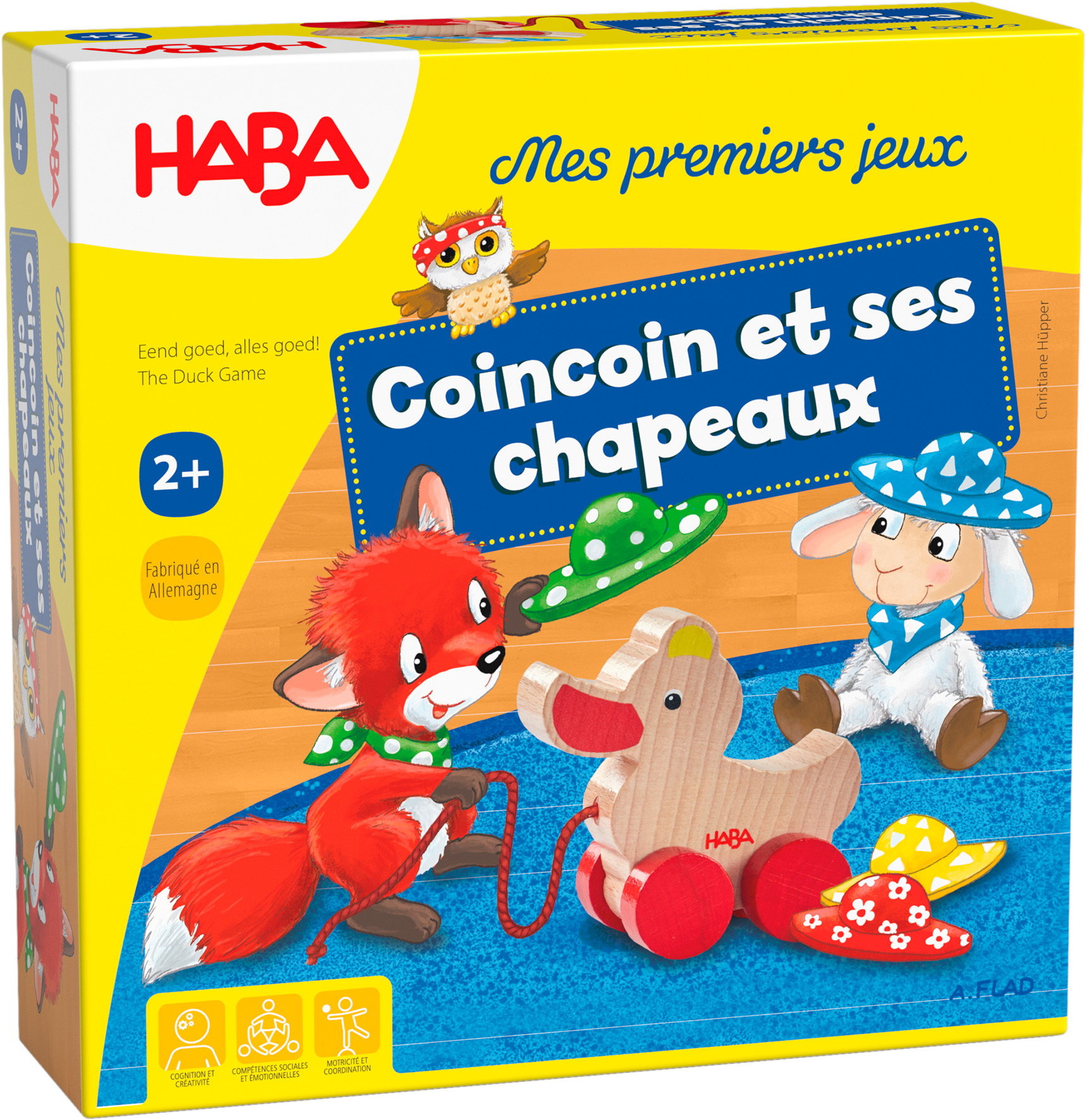 Schachtel eines Kinderspiels mit Fuchs, Ente und Schaf. Das Spiel heißt Coincoin et ses chapeaux.