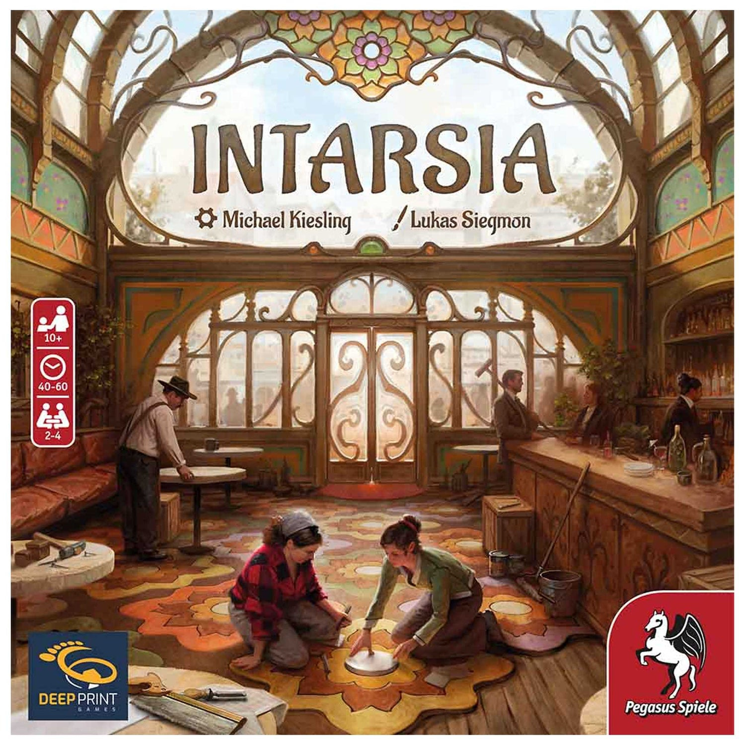 Brettspiel-Cover: Intarsia, zwei kniende Frauen, Leute an einer Bar und Buntglasfenster. Titel und Autoren stehen oben.