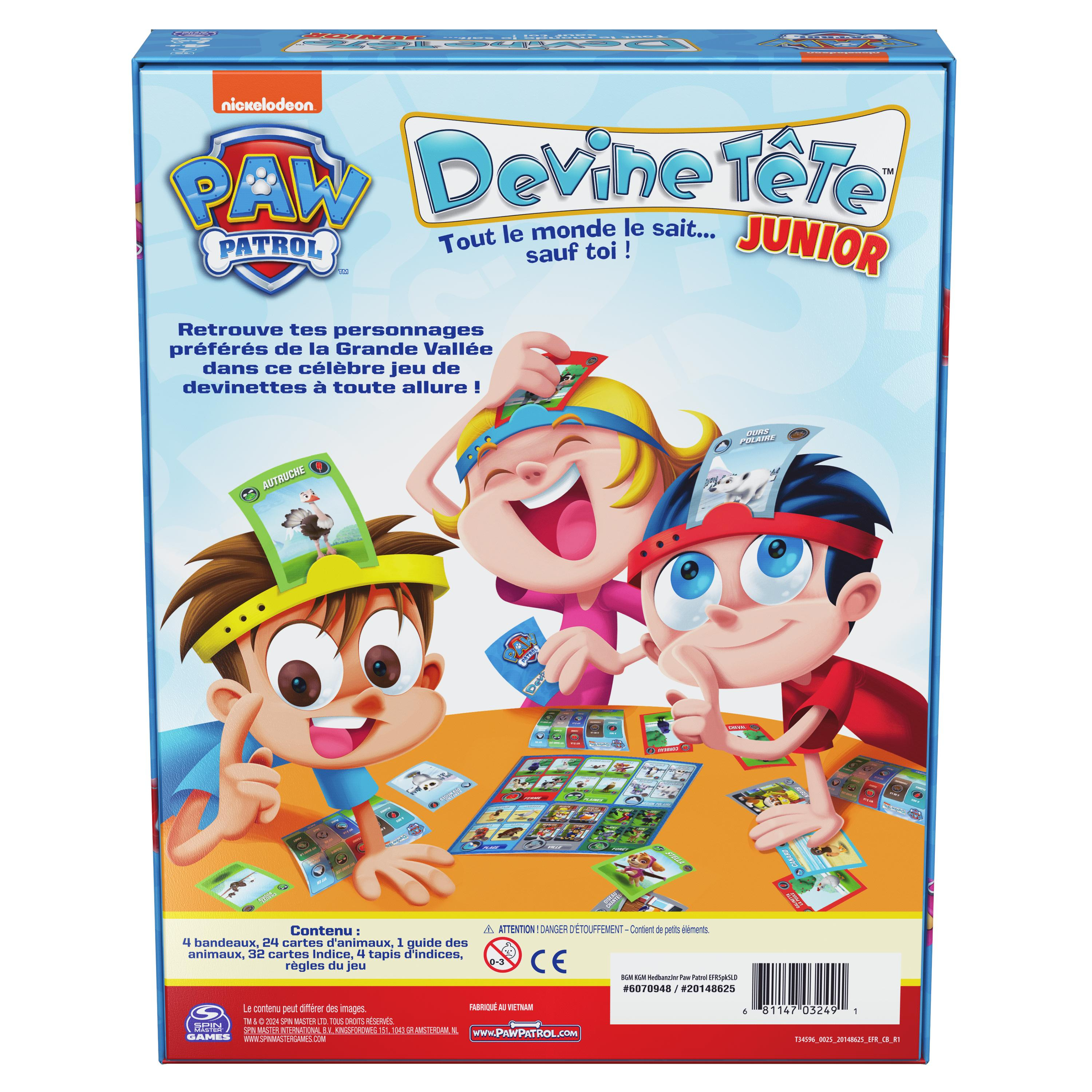 Doos van Paw Patrol Junior-spel. Drie kinderen spelen. Inclusief kaarten, hoofdbanden en spelbord.