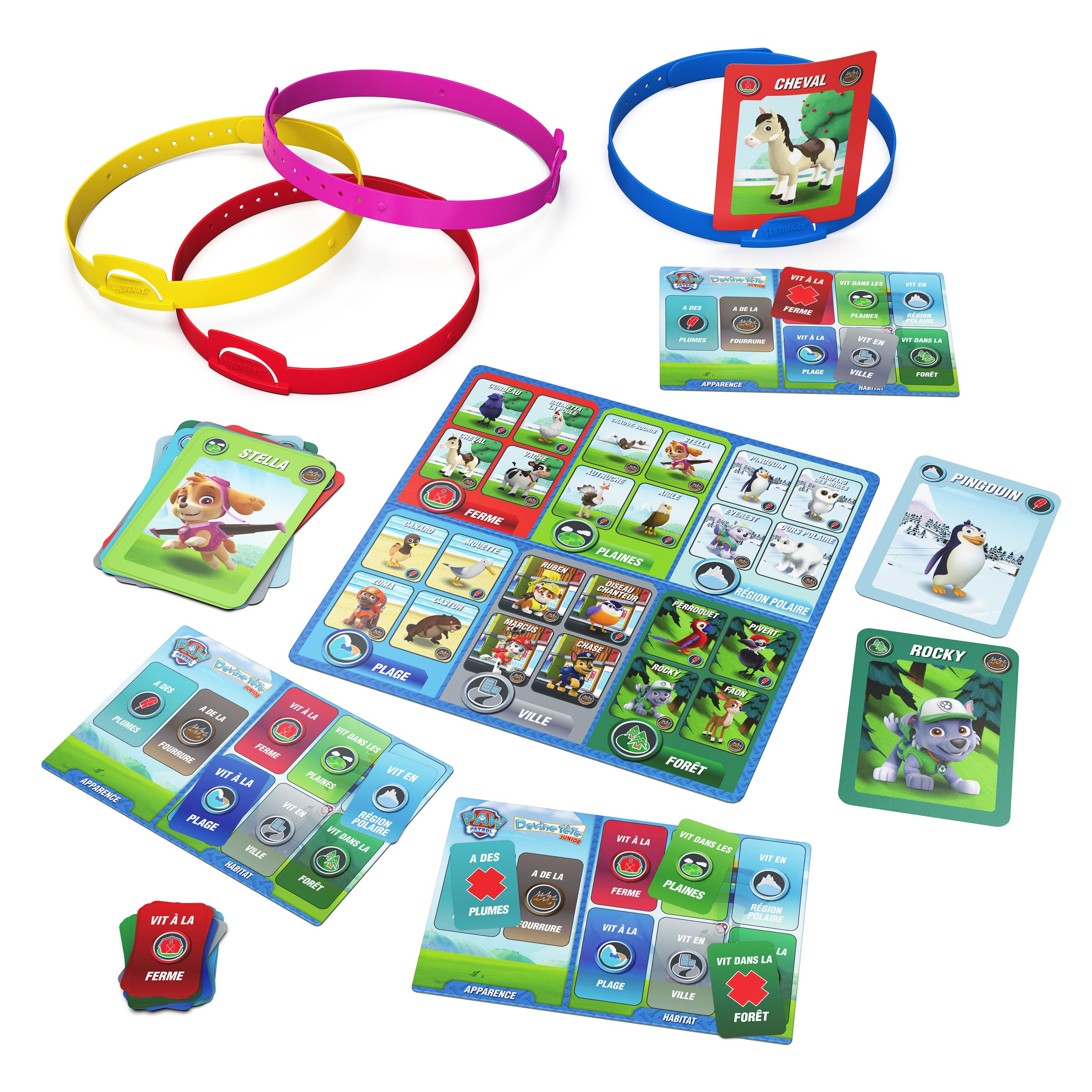 Een Paw Patrol bordspel met kaarten, hoofdbanden en een spelbord met afbeeldingen van dieren en personages.