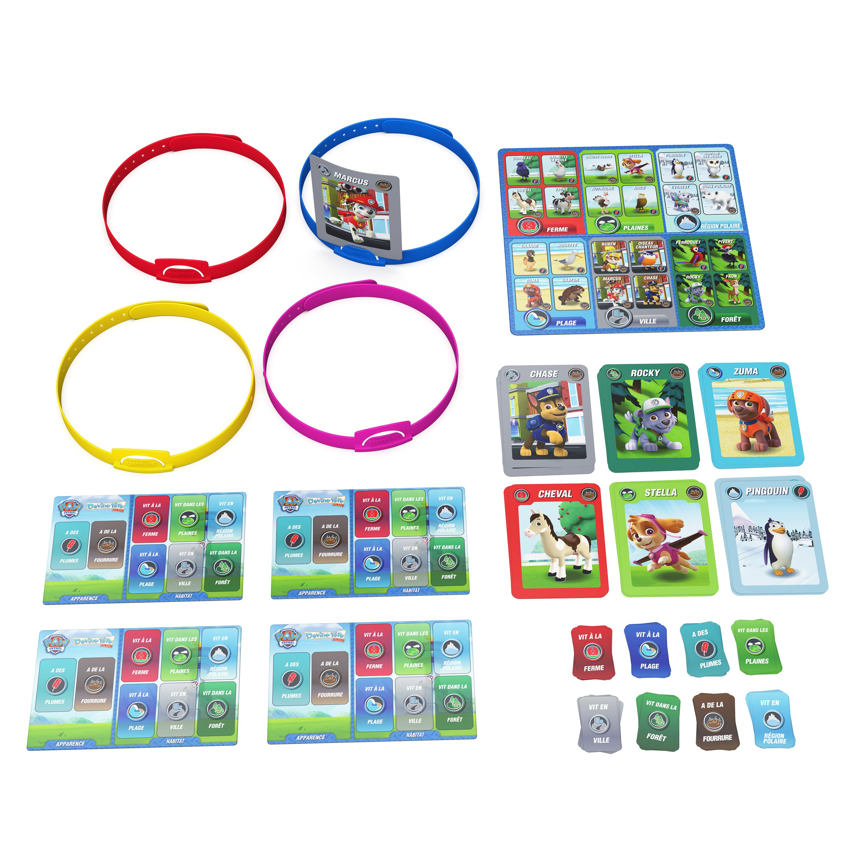 De afbeelding toont een Paw Patrol bordspel met kaarten, fiches en gekleurde ringen.