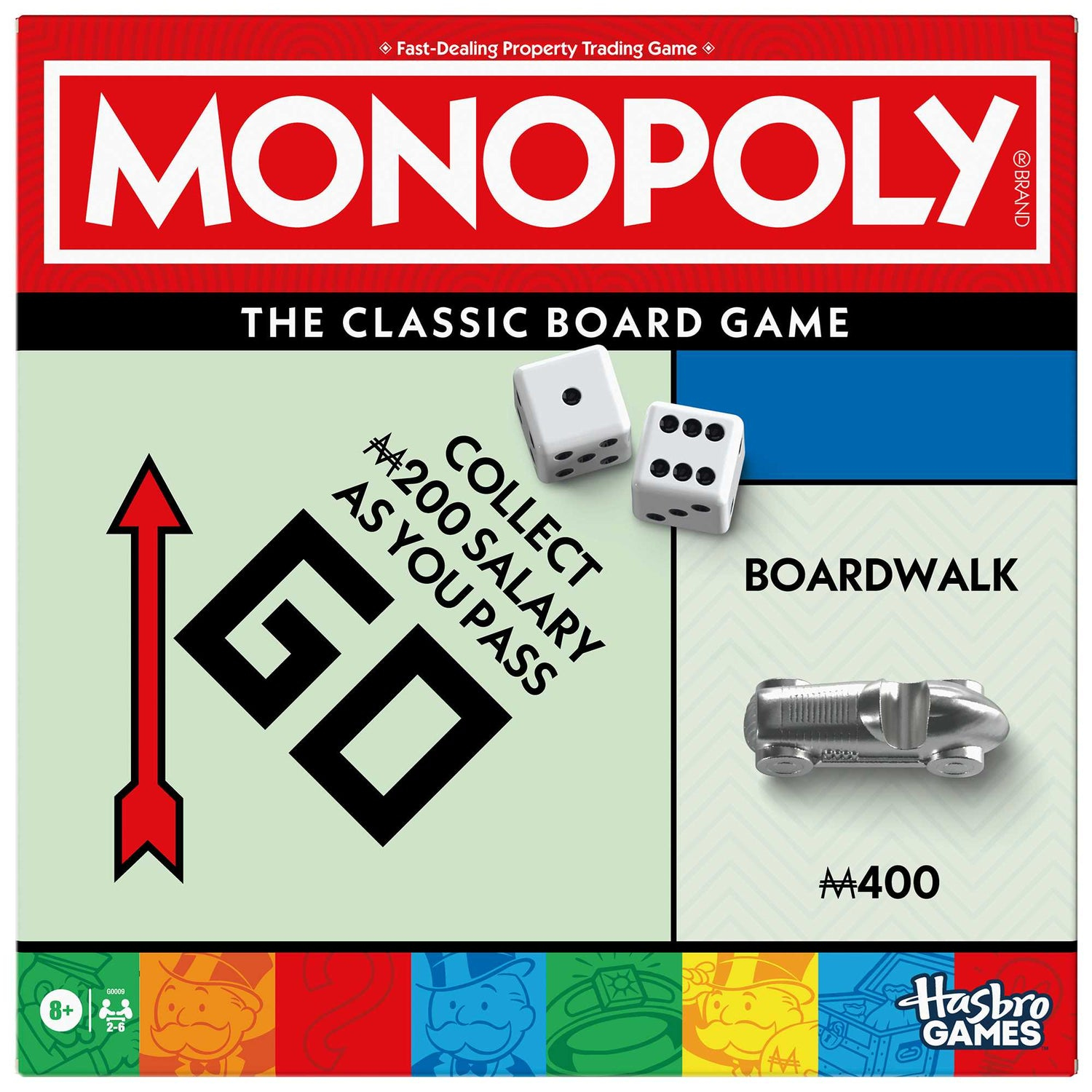 Juego de mesa Monopoly. Logotipo rojo de Monopoly en la parte superior. Dados y ficha de coche en el tablero. Con "Go", "Boardwalk" y logo Hasbro.