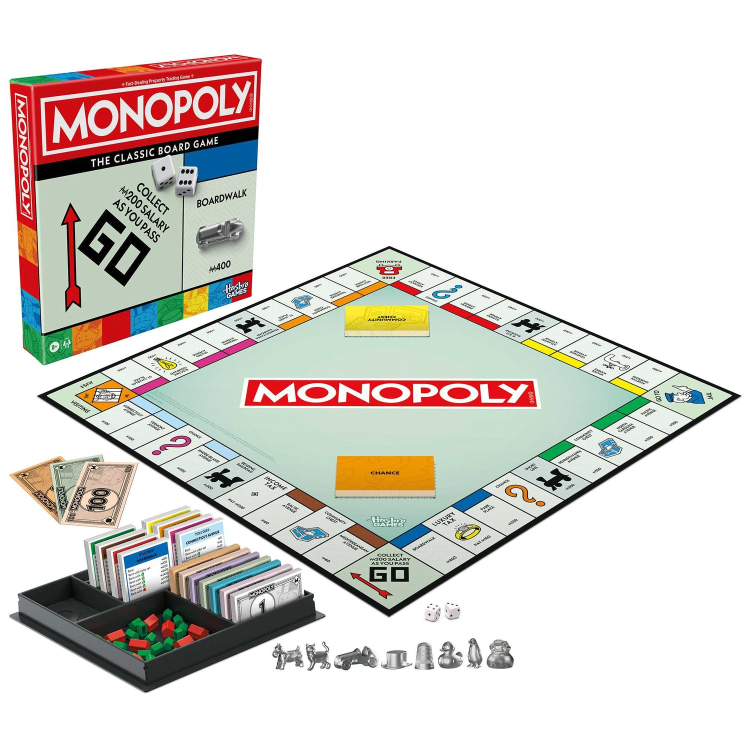 Juego de mesa Monopoly. Incluye tablero, cartas, dinero, dados, piezas de juego y caja. El juego está en una caja y se muestra abierto.