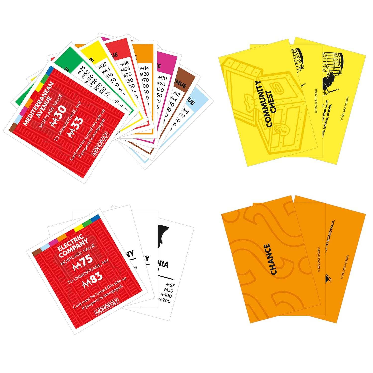 Las cartas del juego Monopoly están abanicadas. Son visibles las cartas de propiedad, de suerte y de comunidad.