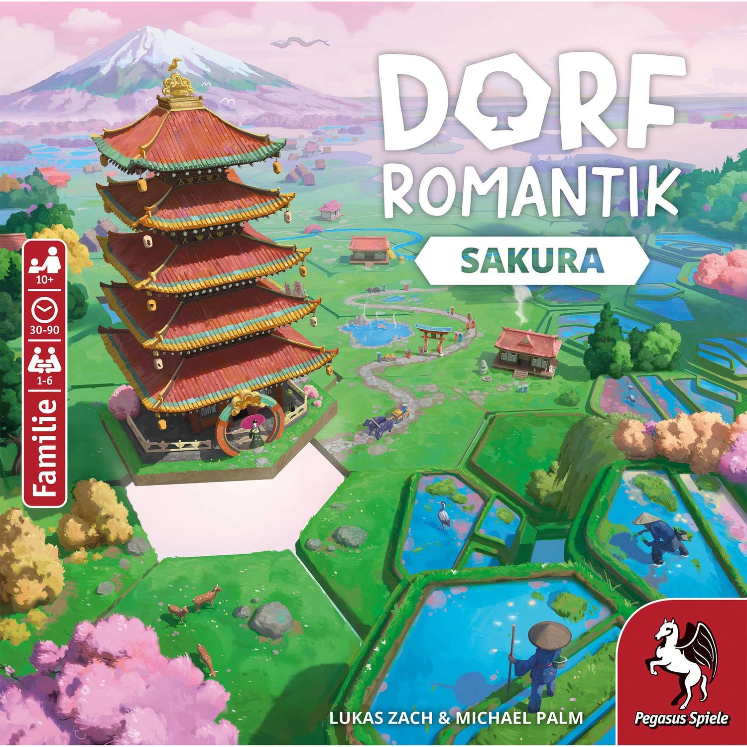 Spielebox-Artwork. Im Hintergrund sind eine Pagode und ein Berg zu sehen. Der Spieletitel lautet 'Dorf Romantik Sakura'.