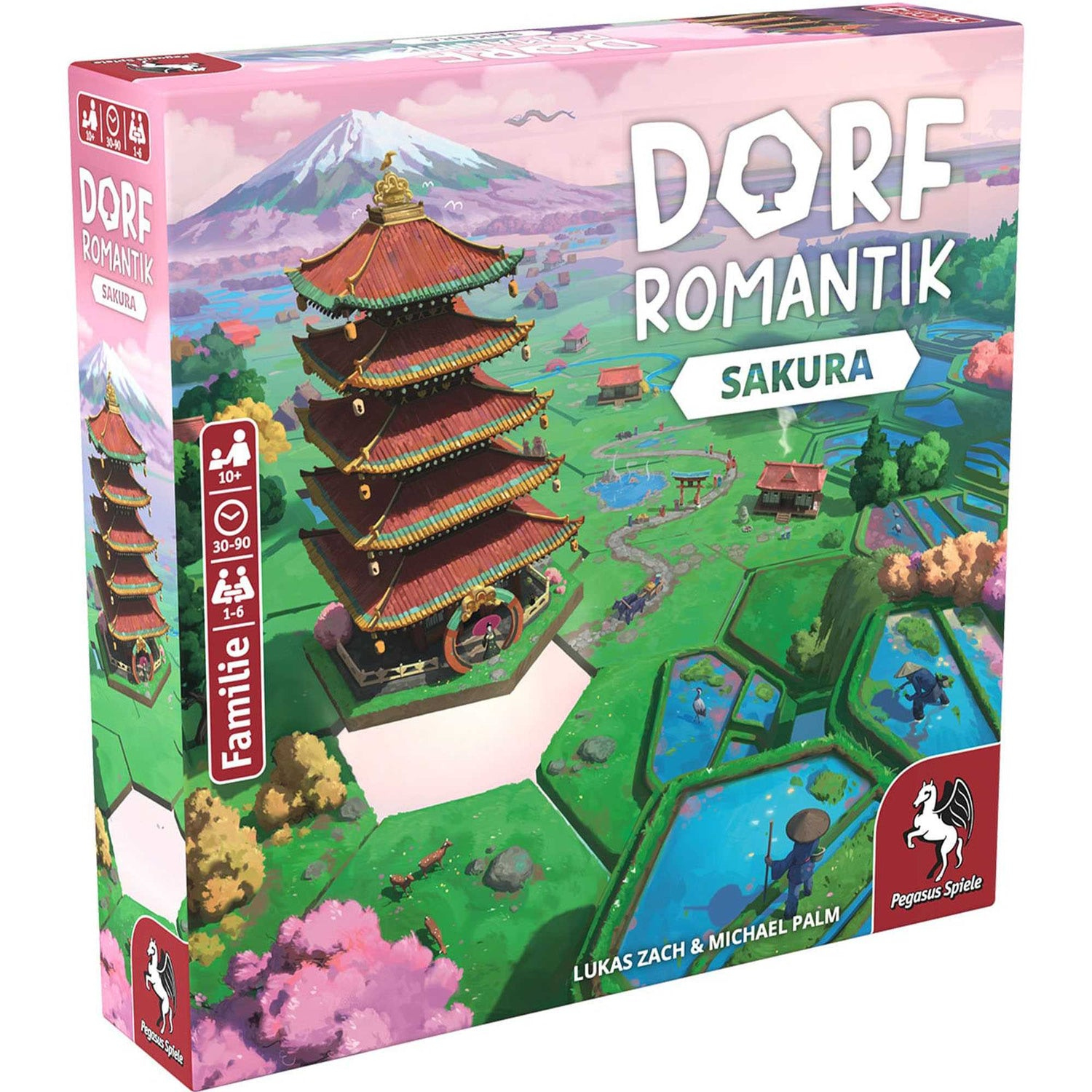 Schachtelkunst für Dorf Romantik Sakura. Eine Pagode steht in einer lebendigen Landschaft mit Feldern, Wasser und Bergen im Hintergrund.