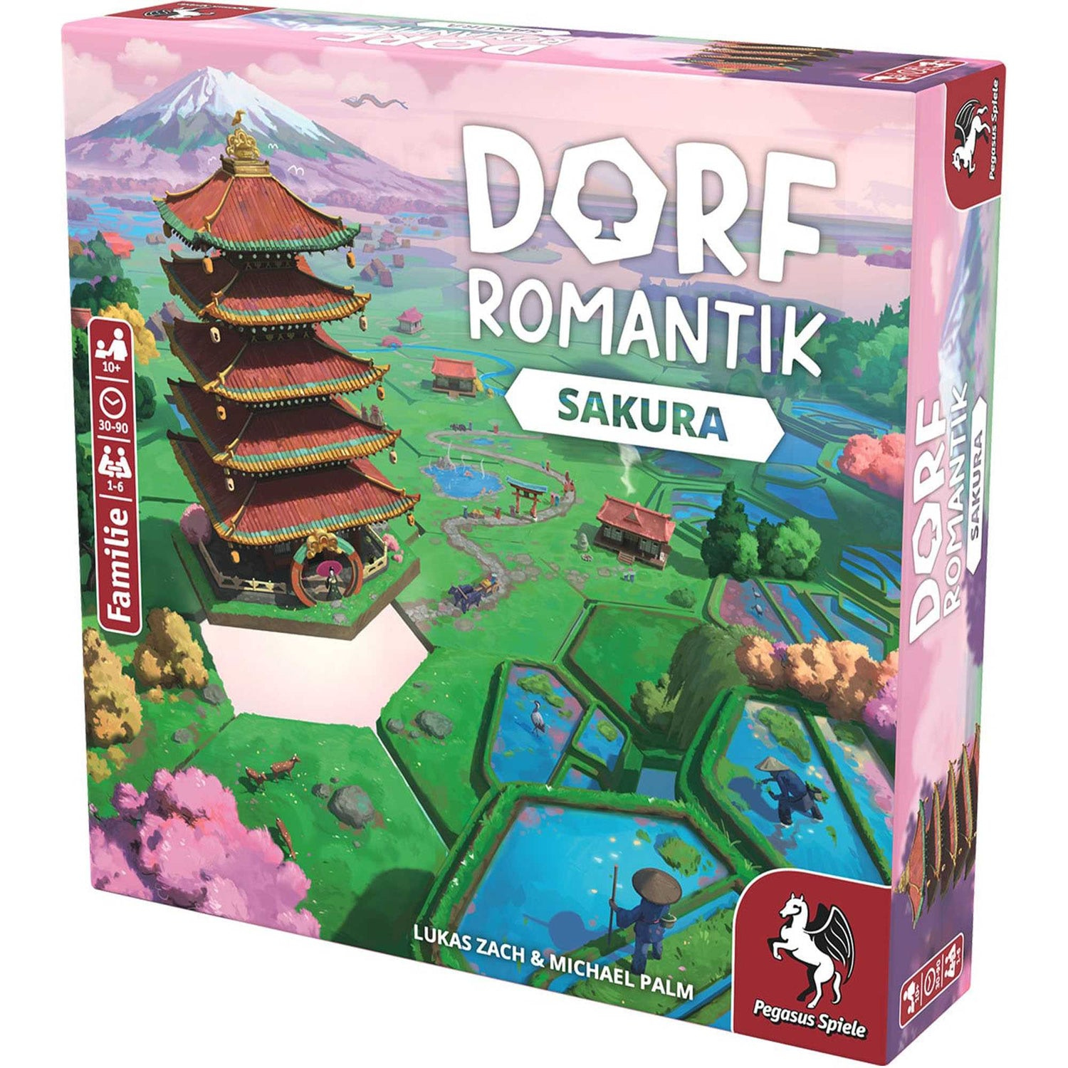 Schachtelkunst für das Spiel Dorf Romantik Sakura. Mit Pagode, Landschaft und Spieldetails. Pinkes und grünes Farbschema.