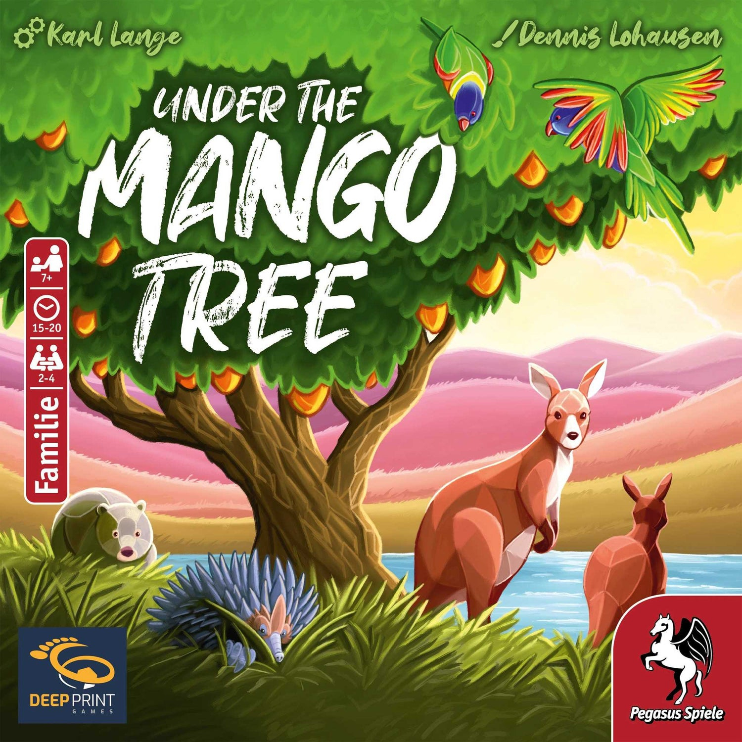 Spielcover: Mangobaum mit Papageien, Känguru, Bär und Igel. Titel: Under the Mango Tree. Herausgeberlogos sind vorhanden.