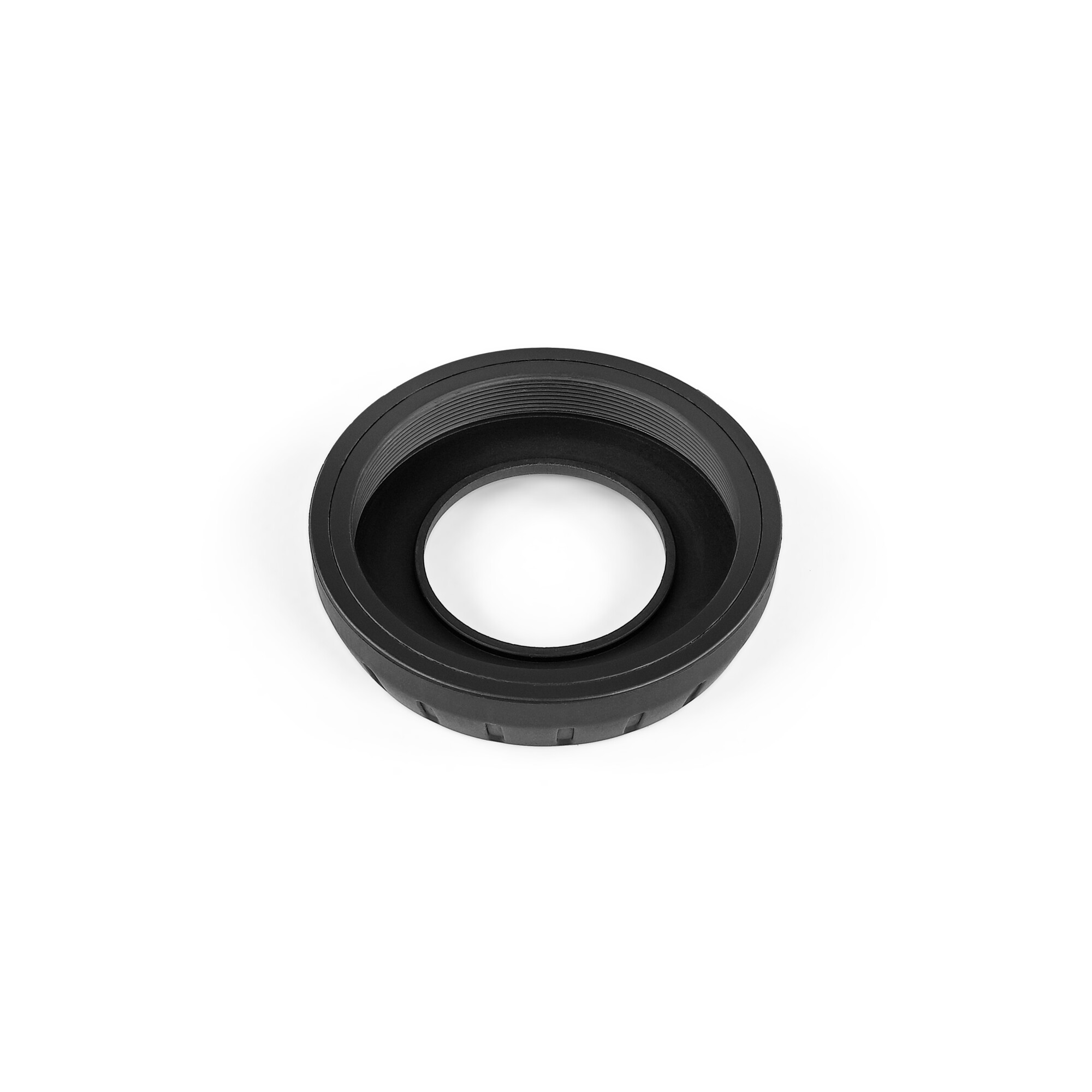 Eine schwarze Sonnenblende auf weißem Hintergrund. Es hat eine kreisförmige Form mit einer zentralen Öffnung.