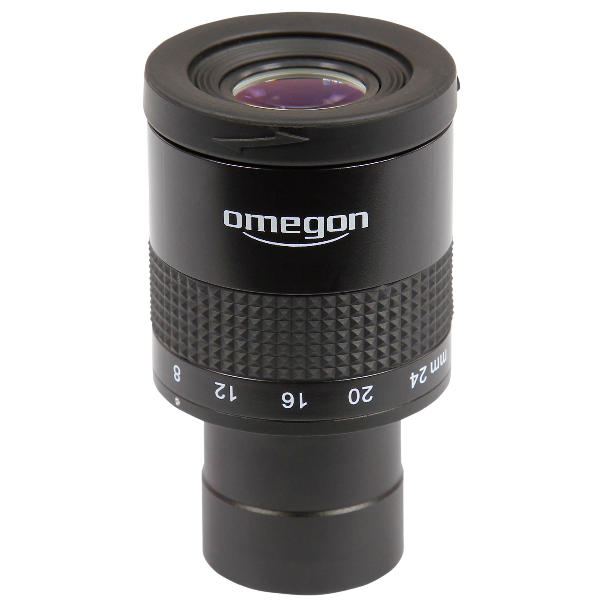 Ein schwarzes Teleskopokular mit dem Markennamen 'Omegon'. Es hat einen strukturierten Griff und Zahlen zur Vergrößerung.