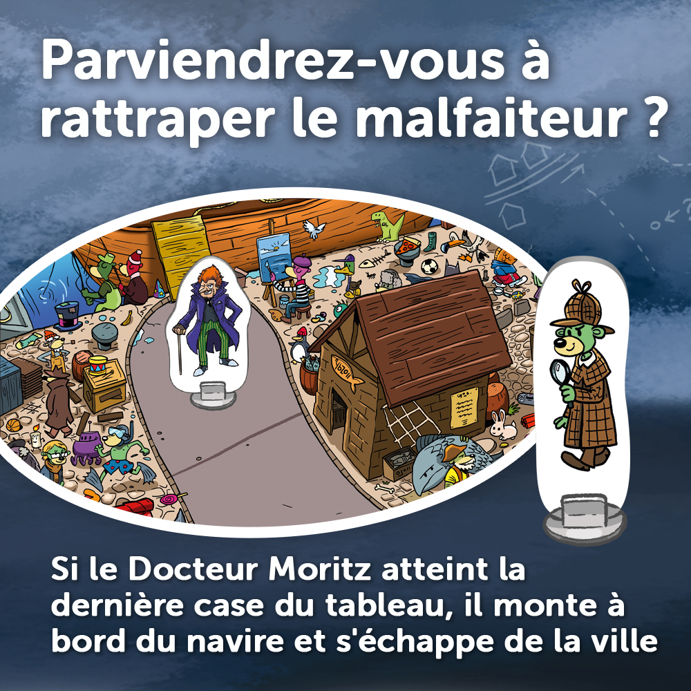 Scena z kreskówki z detektywem, złoczyńcą, domem i różnymi przedmiotami. Tekst po francusku na górze i na dole.