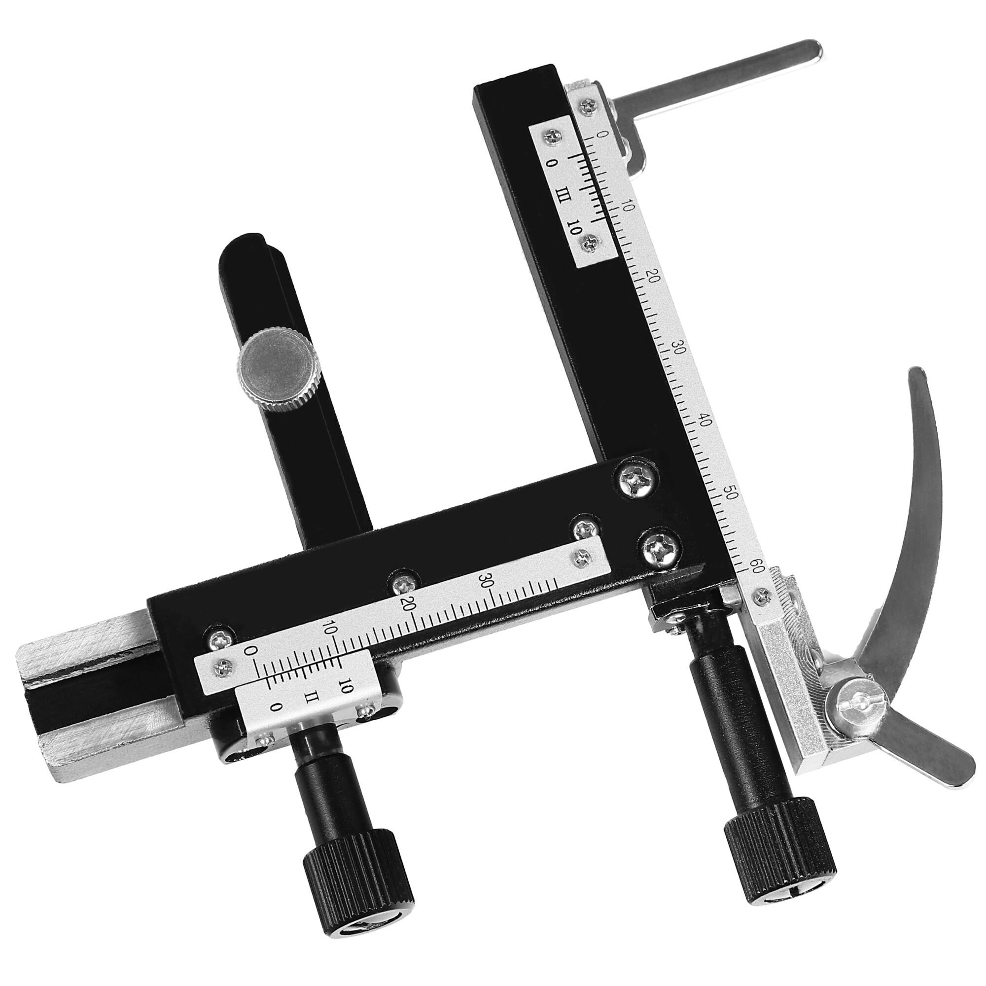 Ein schwarz-silbernes Präzisionsinstrument mit Skalen und Knöpfen zum Messen oder Ausrichten.