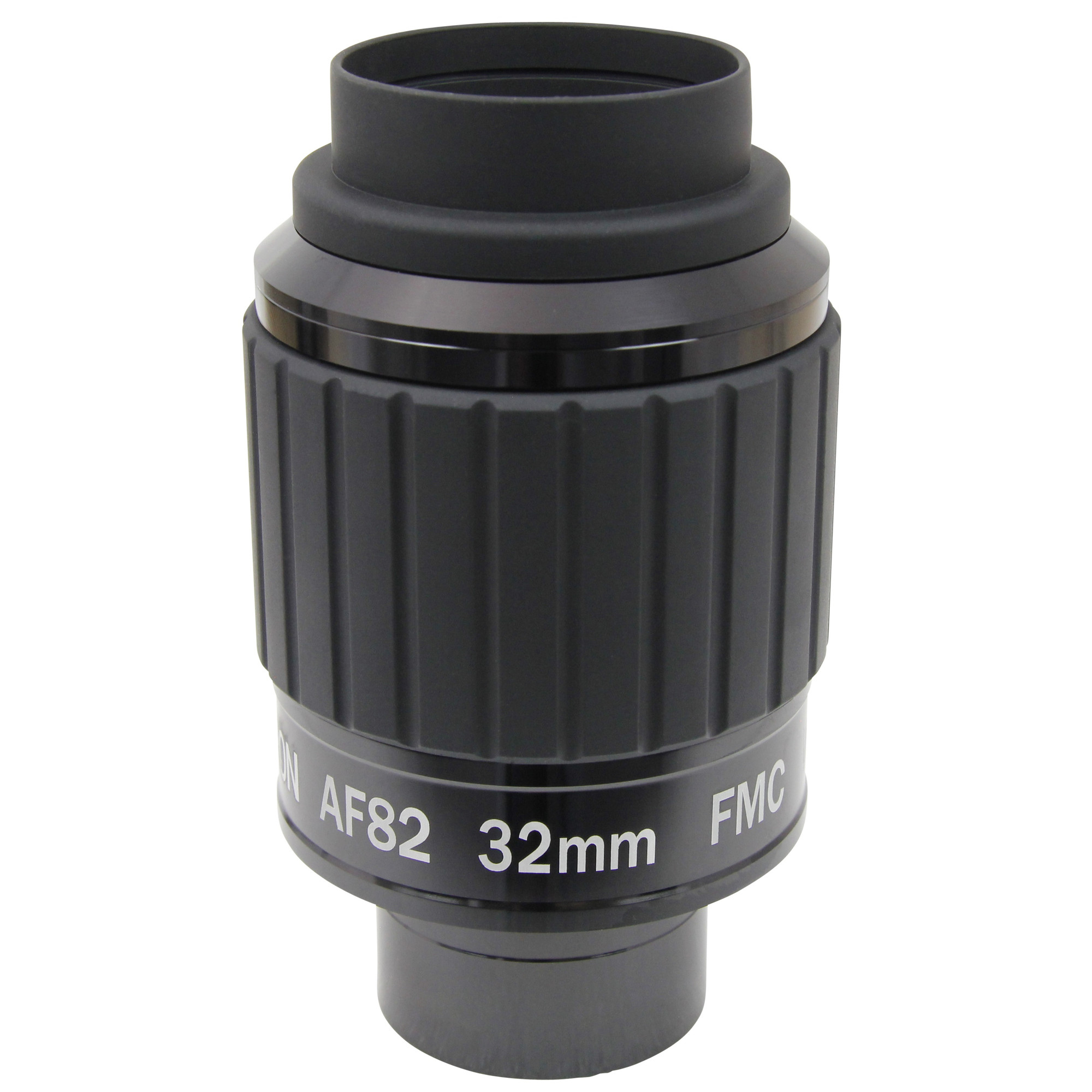 Ein schwarzes Teleskopokular mit geriffeltem Gehäuse. Es hat weißen Text mit der Aufschrift AF82 32mm FMC.