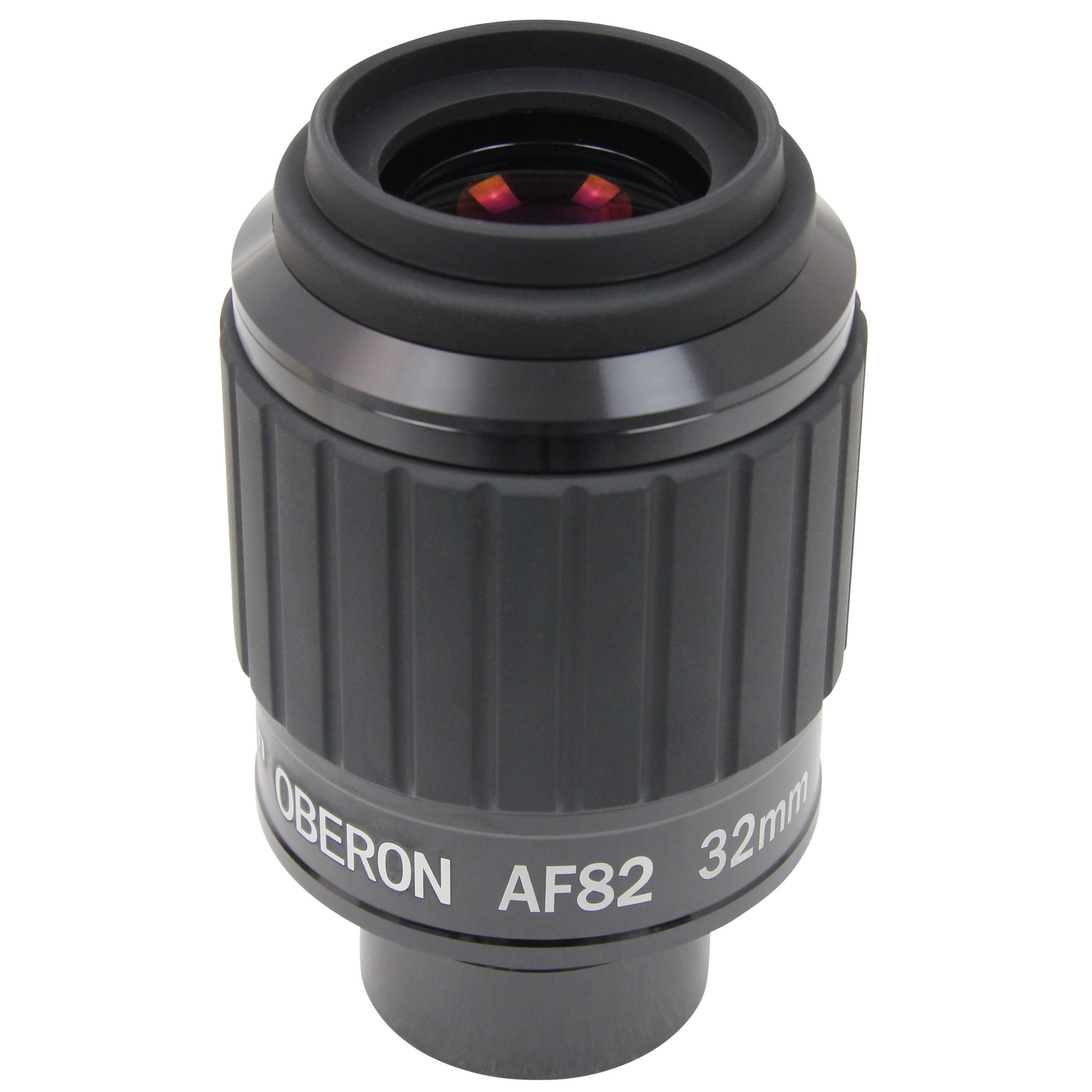 Ein schwarzes Teleskopokular mit geriffeltem Körper. Die Oberseite hat eine Linse, und die Basis hat den Text 'OBERON AF82 32mm'.