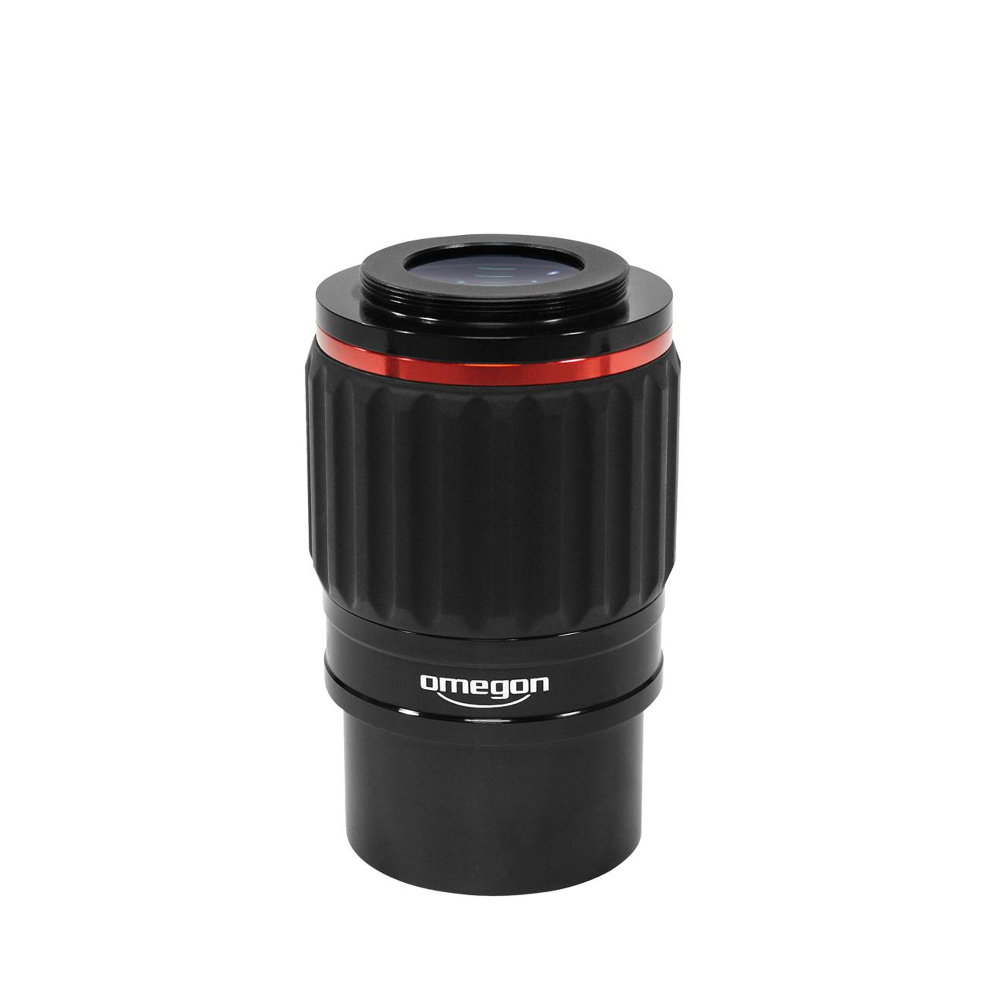 Ein schwarzes Teleskopokular mit rotem Ring, die Marke 'Omegon' ist sichtbar. Der Hintergrund ist weiß.