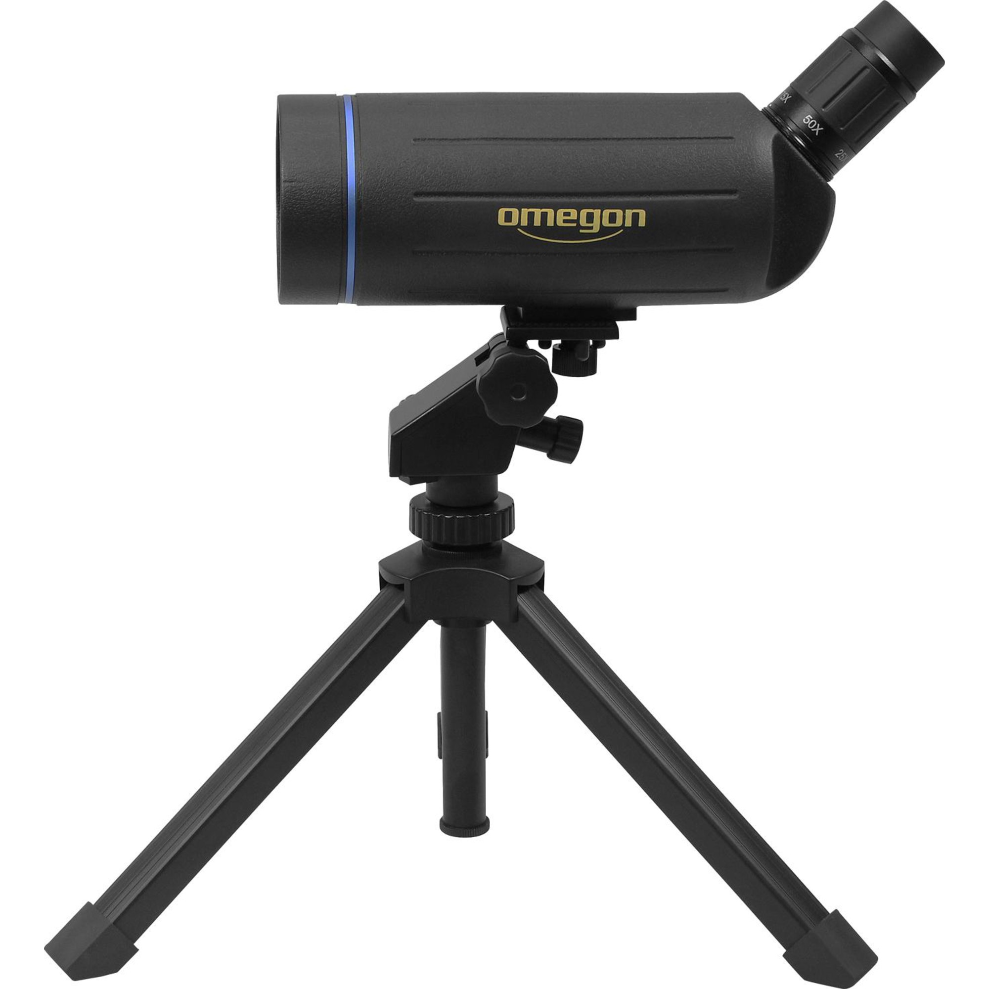 Ein schwarzes Spektiv auf einem schwarzen Stativ. Das Spektiv hat einen blauen Ring und den Markennamen 'Omegon'.