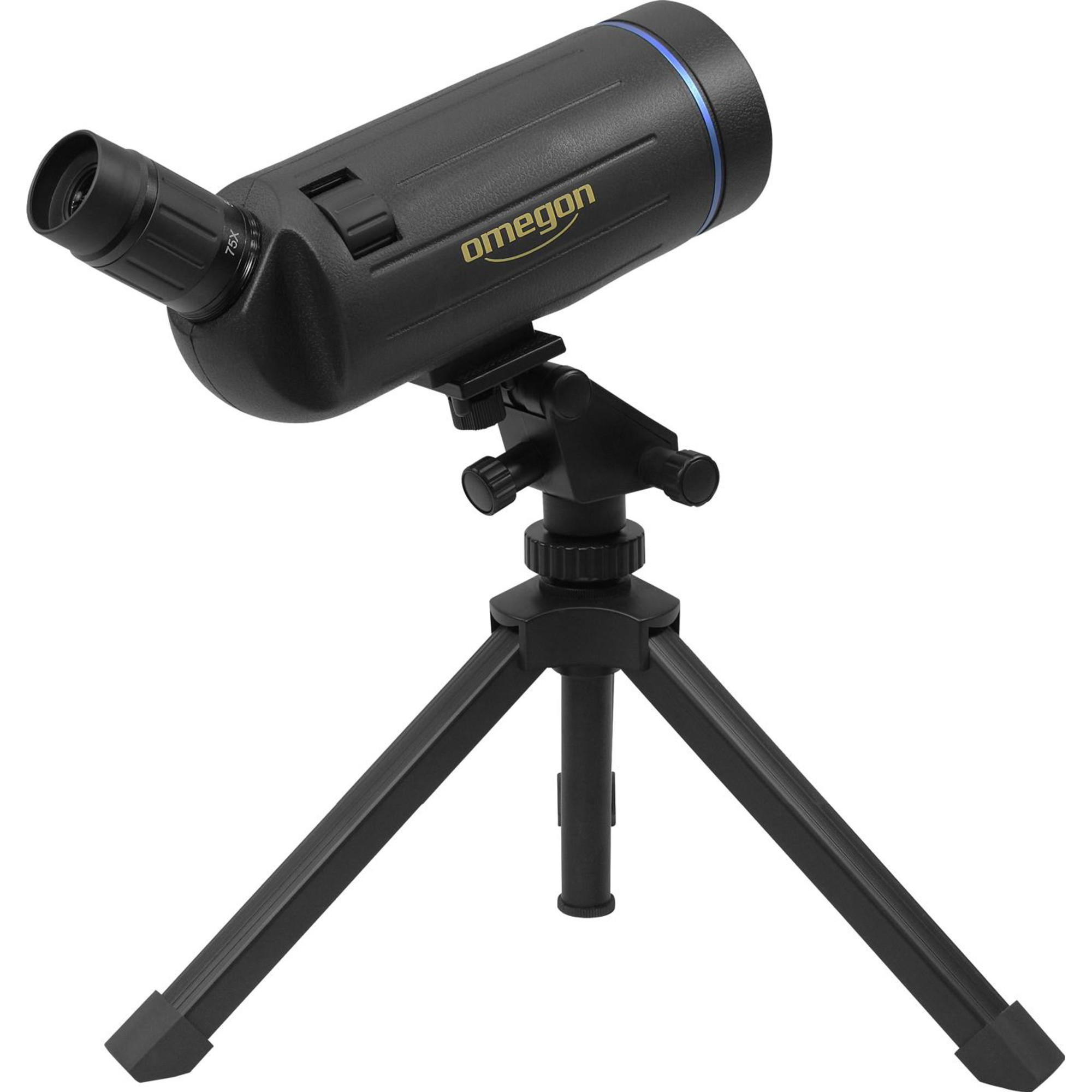 Ein schwarzes Teleskop auf einem schwarzen Stativ, mit dem Markennamen 'Omegon' sichtbar.