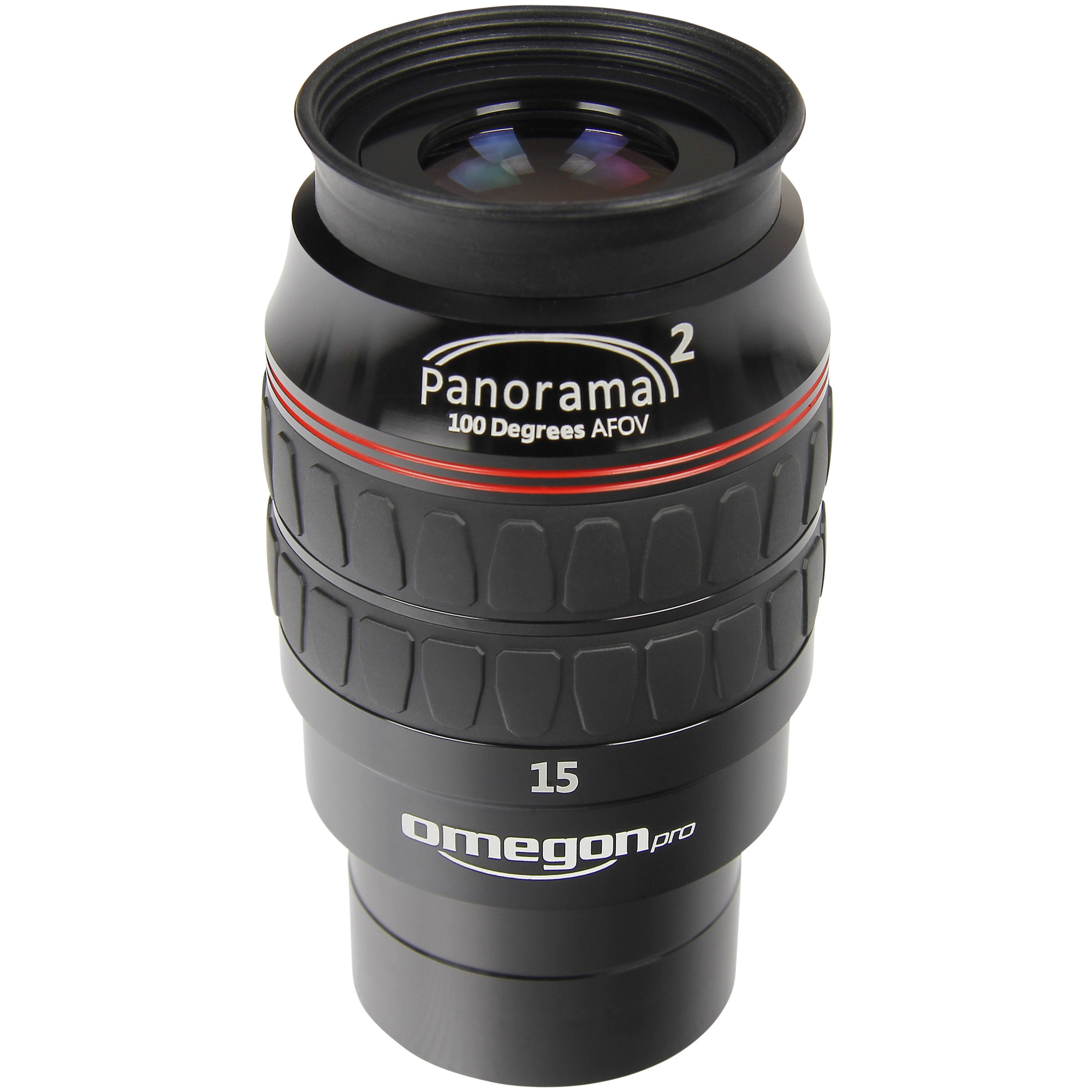 Ein schwarzes Teleskopokular mit roten Akzenten und weißem Text mit der Aufschrift "Panorama 2" und "Omegon pro". Linse sichtbar.