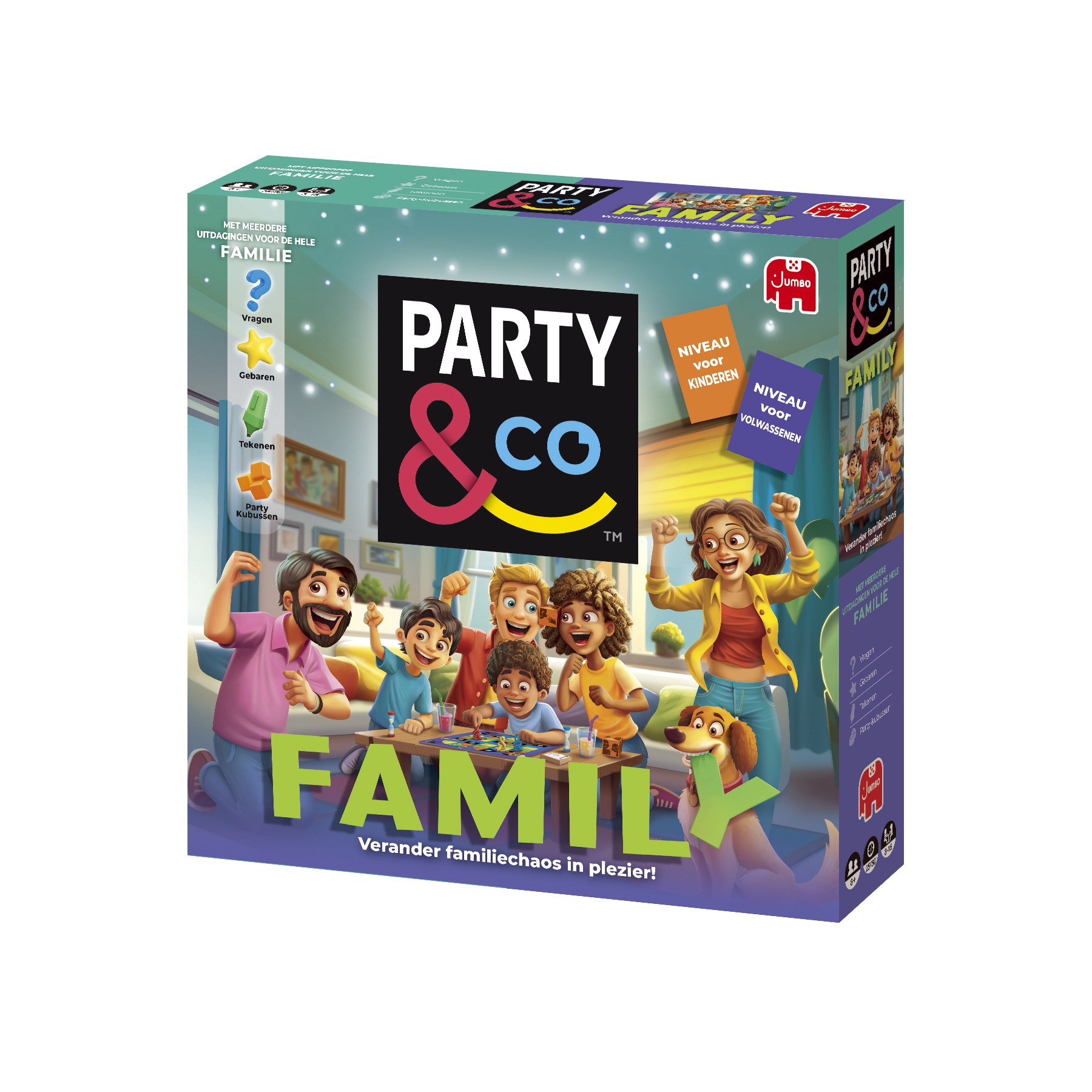Box of Party & Co Family game. Illustration shows a family playing. The box has text in Dutch and orange and purple cards.