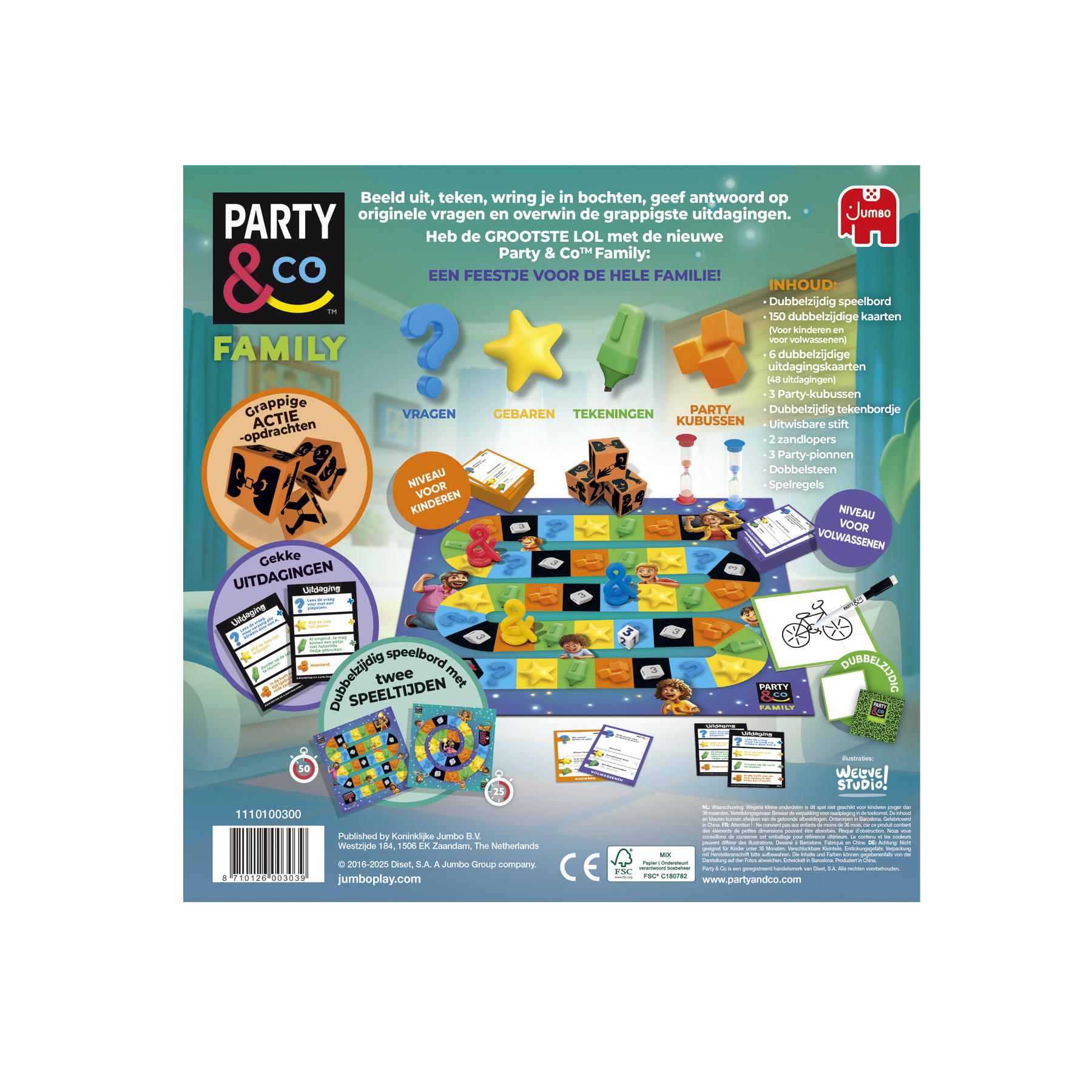 The image shows the Party & Co Family board game, featuring colorful game pieces and cards.