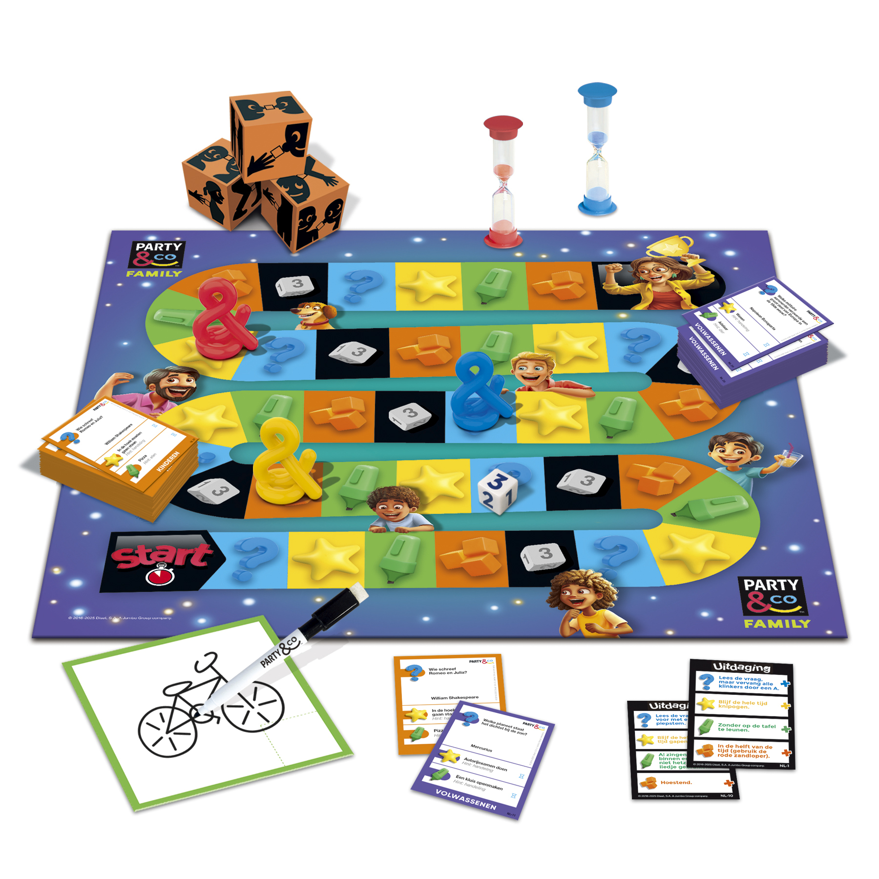 Board game with dice, sand timers, and cards. Includes game pieces, cards, and a drawing board.