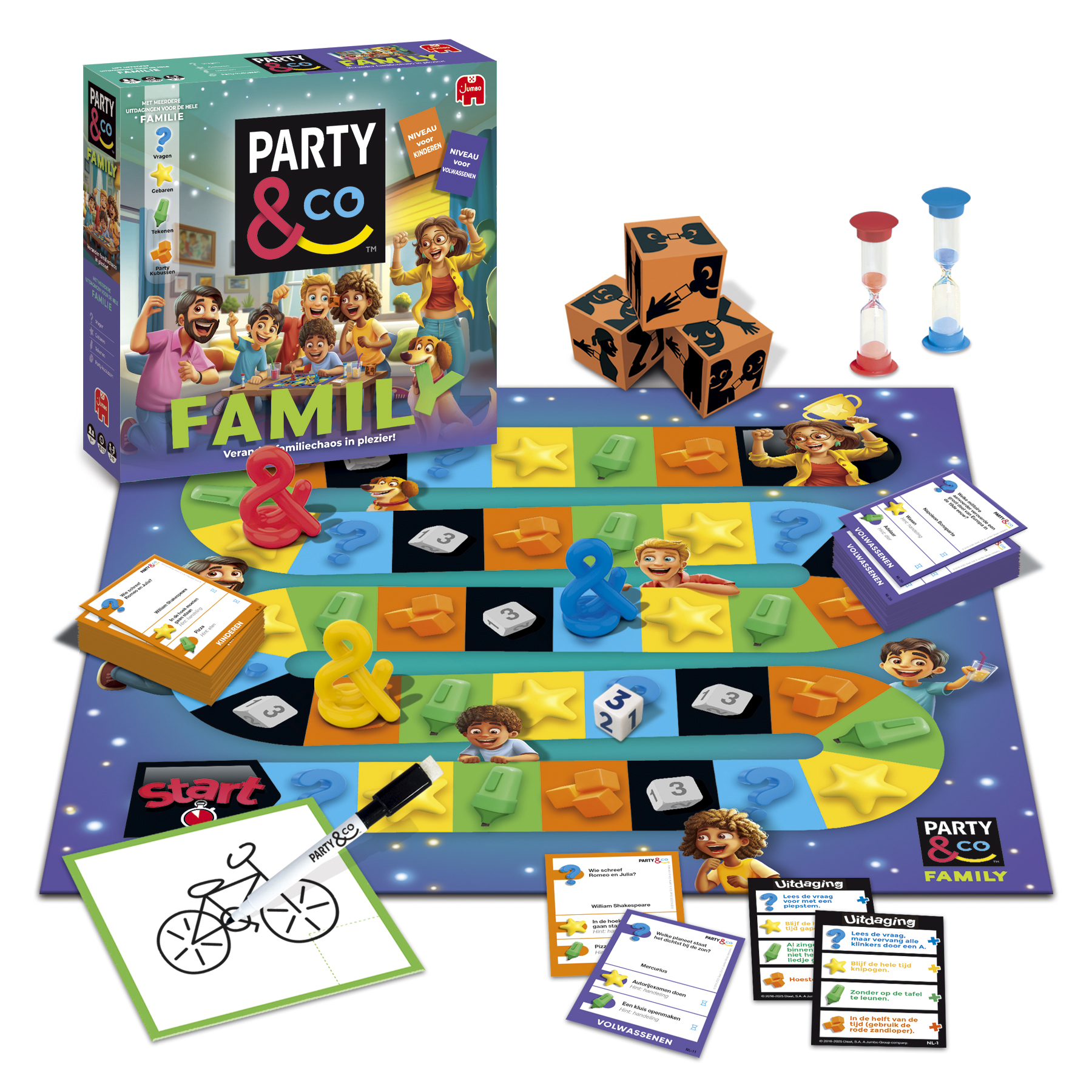 Board game 'Party & Co Family' with game pieces, dice, cards, and sand timers. The box shows a family.