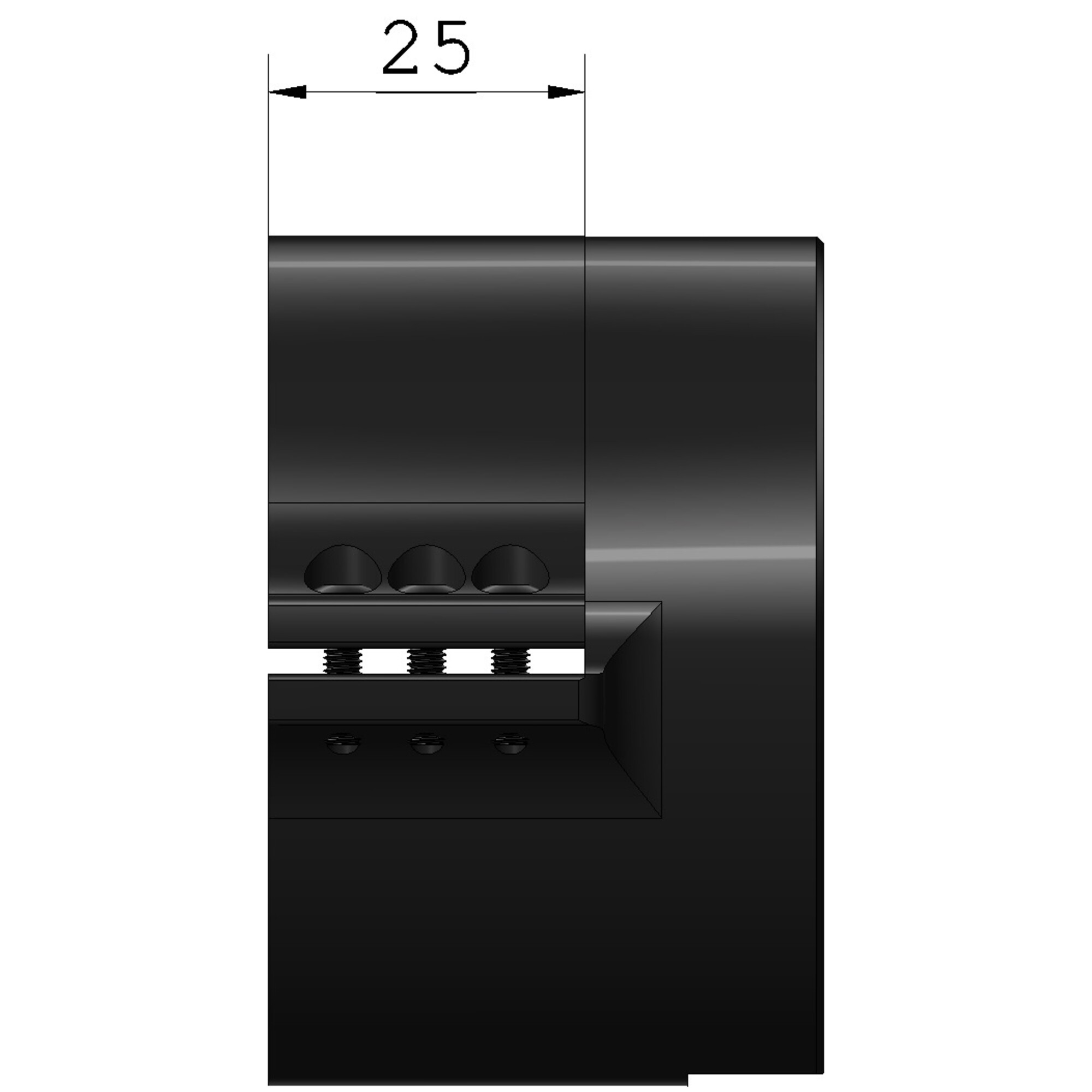 Eine schwarze Komponente mit drei runden Knöpfen, Schrauben und einer mit „25“ beschrifteten Maßlinie.