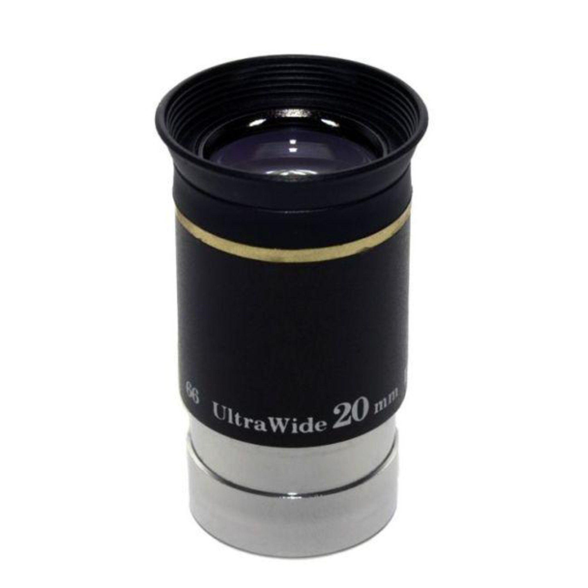 Ein Teleskopokular. Es ist schwarz mit einem goldenen Ring und silbernen Sockel. Der Text 'UltraWide 20 mm' steht darauf.