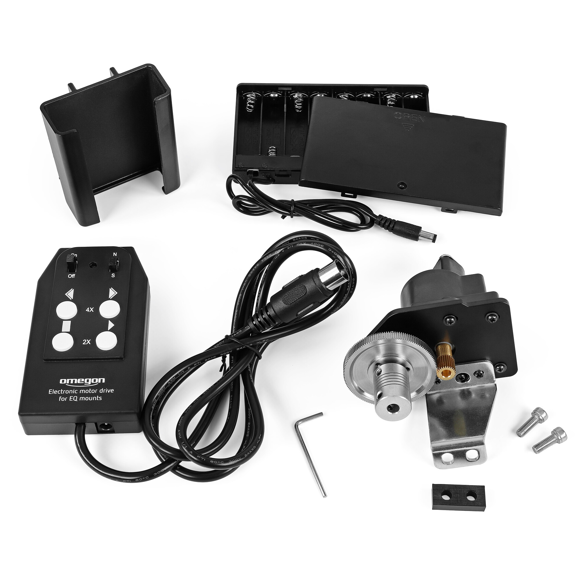 Zerlegter elektronischer Motorantrieb für EQ-Halterungen, einschließlich Steuereinheit, Batterien und mechanischen Komponenten.