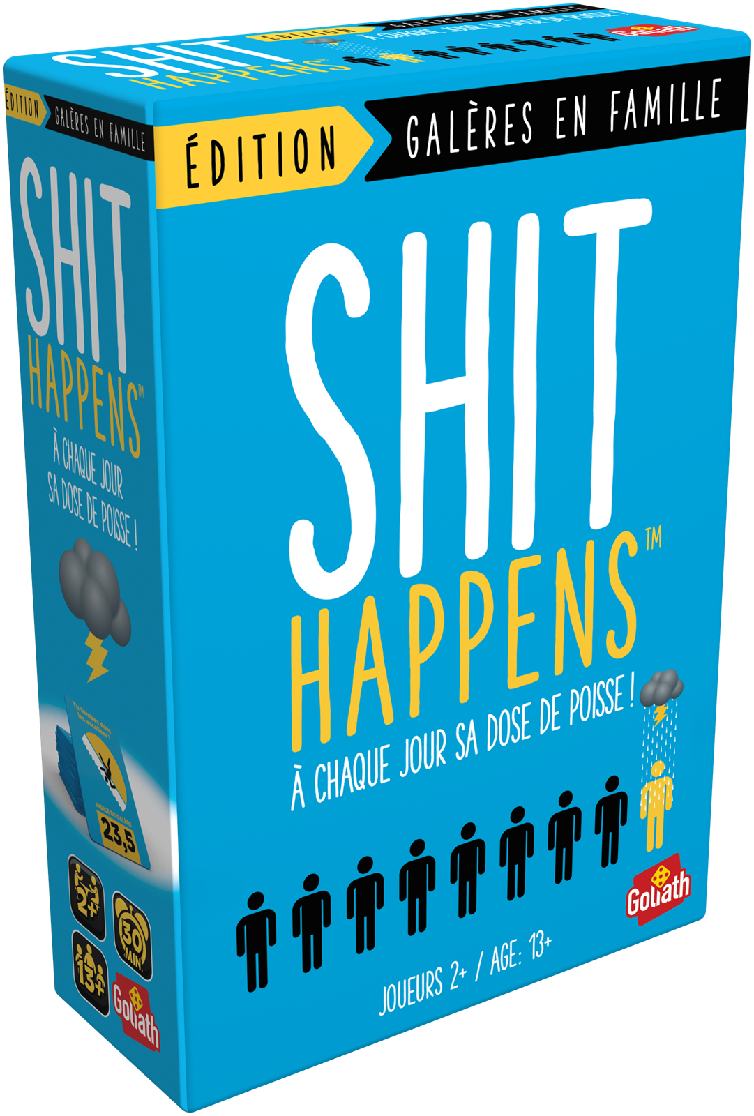 Eine blaue Spielbox mit dem Titel „SHIT HAPPENS“. Es zeigt Figuren, eine Regenwolke und Text in Weiß und Gelb.