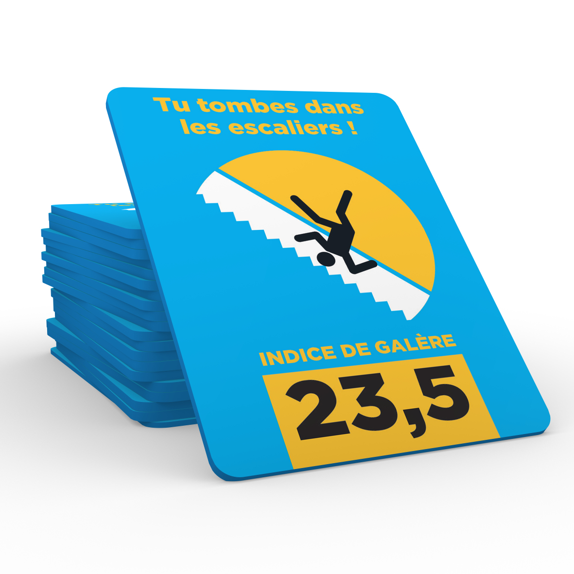 Karte mit Text und Grafik. Dargestellt ist eine Person, die eine Treppe hinunterfällt. Text lautet: „Du fällst die Treppe hinunter!“ und „Härteindex 23,5“.