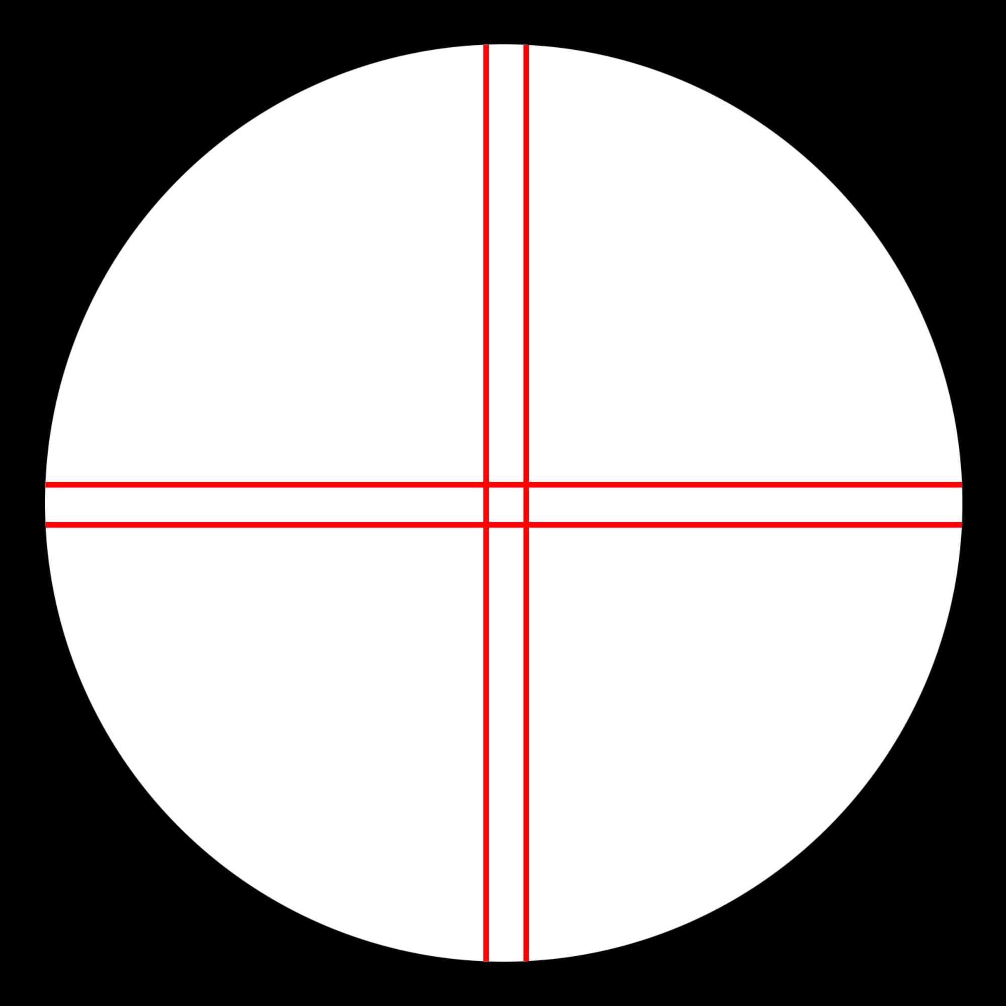 Ein weißer Kreis mit einem roten Fadenkreuz in der Mitte auf schwarzem Hintergrund.