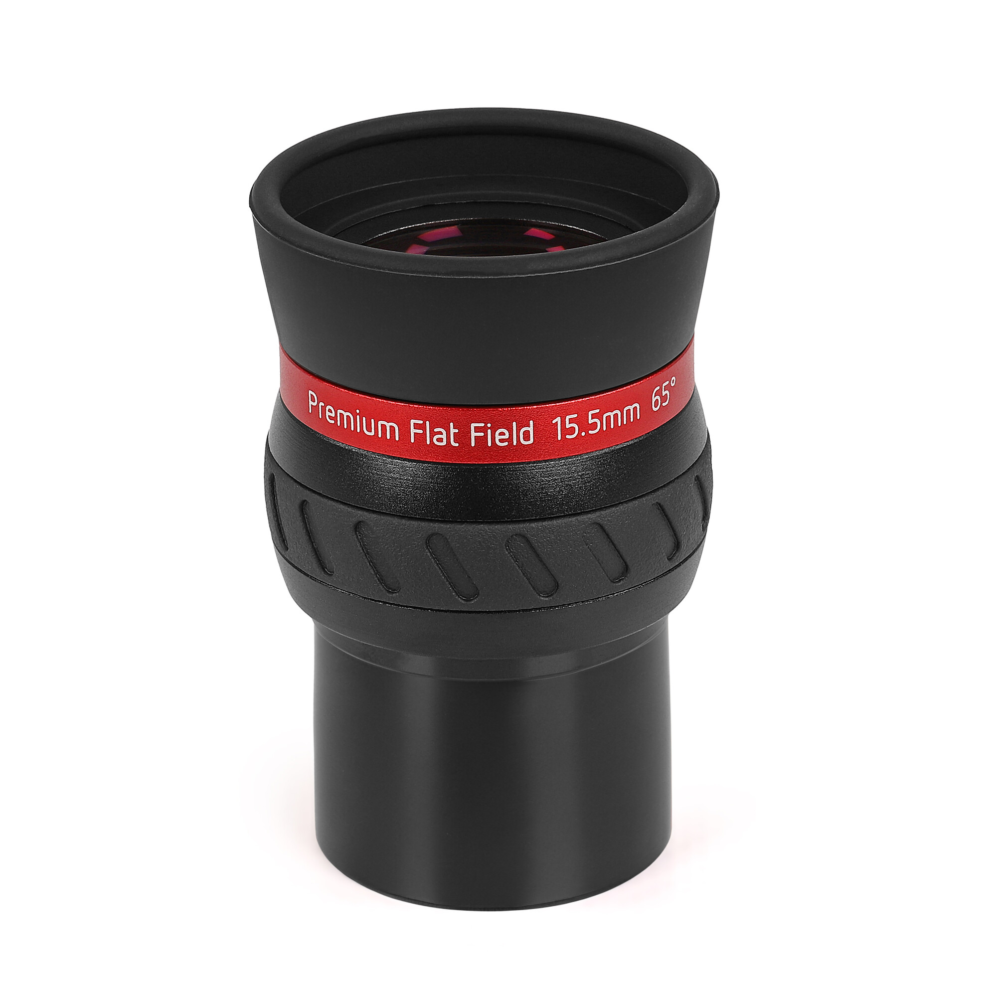 Ein schwarzes Teleskopokular mit einem roten Band mit der Aufschrift 'Premium Flat Field 15,5 mm 65°'.