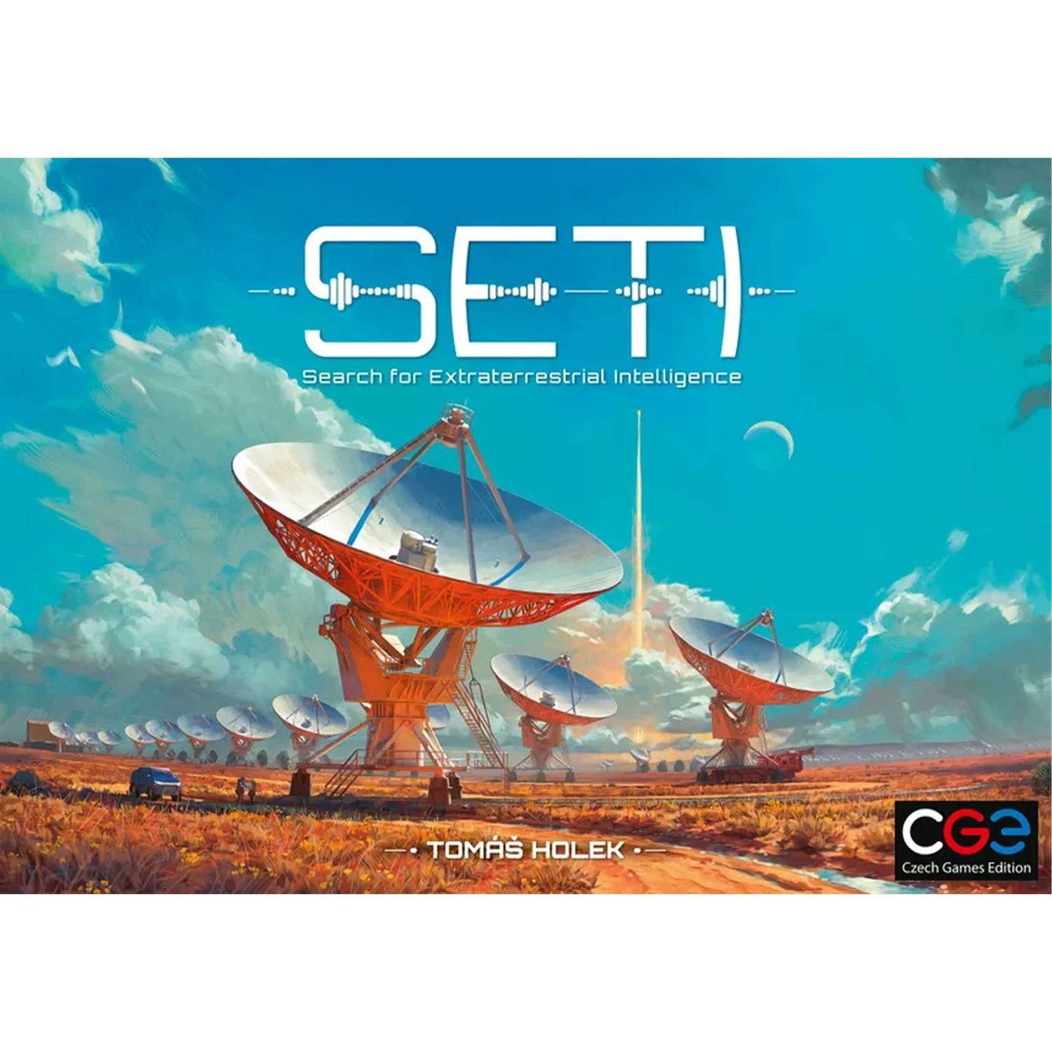 Illustration von Radioteleskopen in einem Feld unter blauem Himmel, Titel 'SET', Suche nach außerirdischer Intelligenz.
