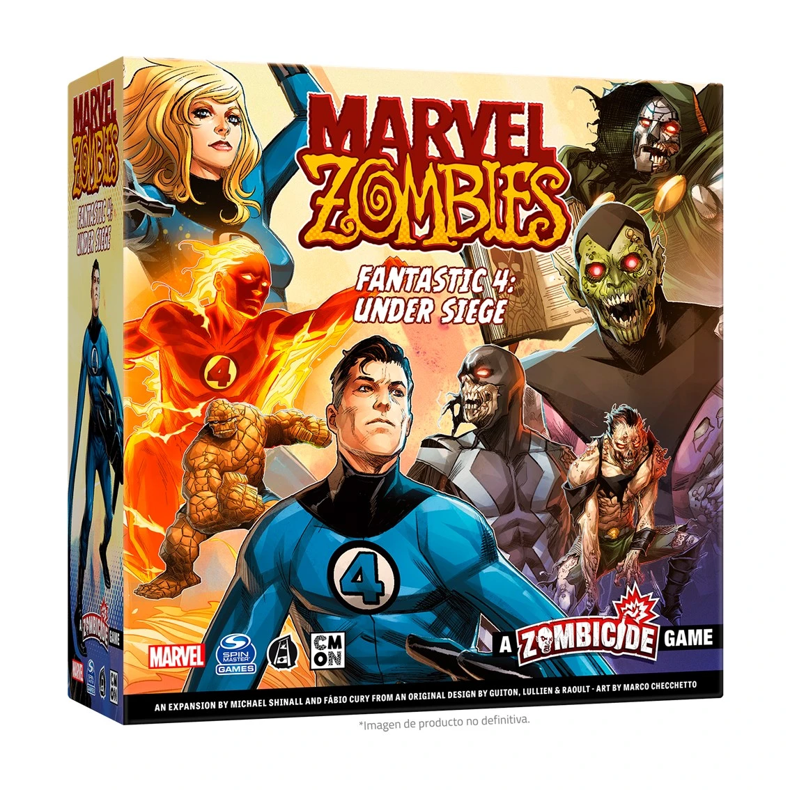 Caja del juego de mesa Marvel Zombies. Presenta personajes de los Cuatro Fantásticos y versiones zombi. Título: 'Fantastic 4: Under Siege'.