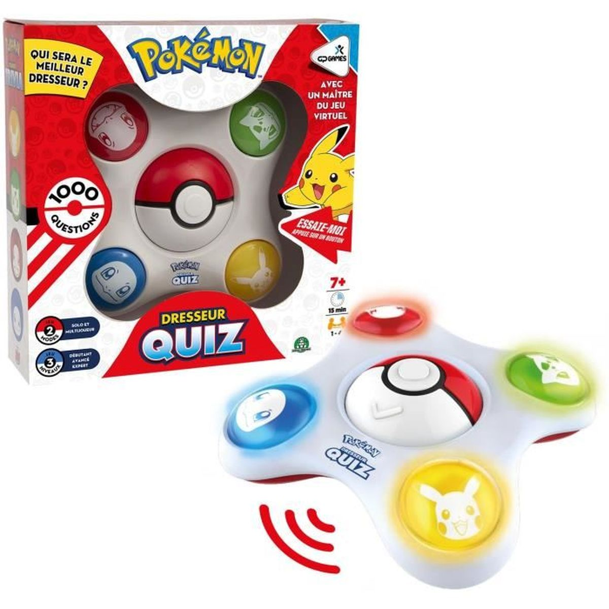 Ein Pokémon-Quizspiel-Set. Die Verpackung zeigt ein Quizspiel mit Knöpfen und einem zentralen Pokéball. Pikachu ist auf der Box zu sehen.