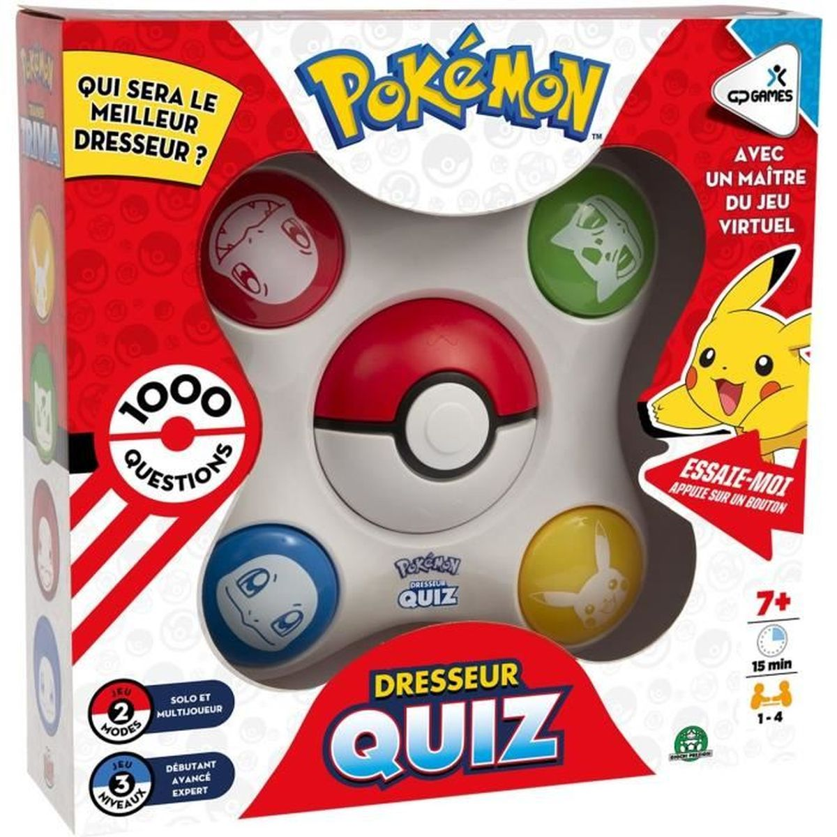 Eine Pokemon-Quizspielbox. Es hat Knöpfe mit Pokemon-Gesichtern, einen zentralen Pokeball und Pikachu. Die Box ist rot und weiß.