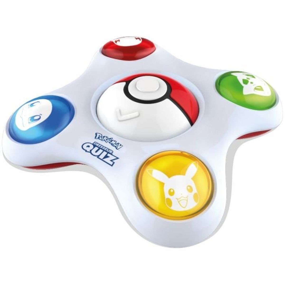 Ein weißes Pokémon-Quiz-Spielzeug mit roten, blauen, grünen und gelben Knöpfen. Ein Pokéball und Pikachu sind sichtbar.