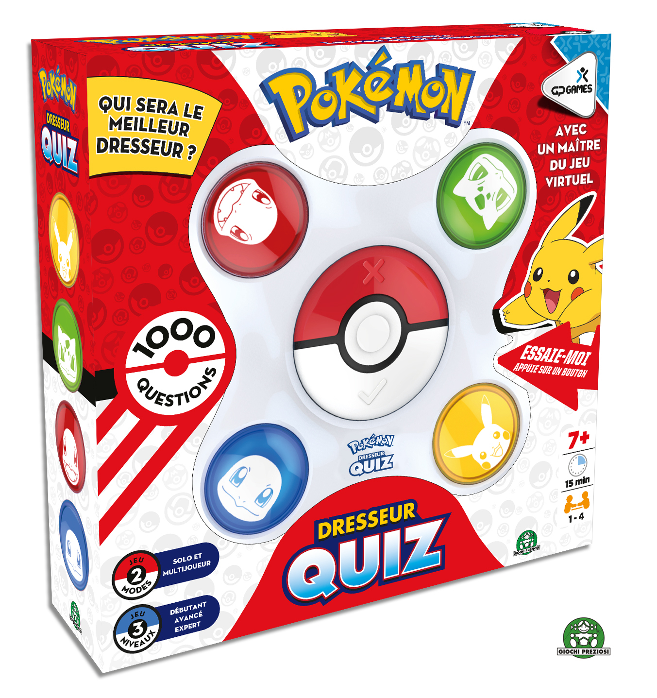 Pokémon Dresser Quiz Box. Enthält einen rot-weißen Pokéball, verschiedene Pokémon-Charaktere und Spielinformationen.