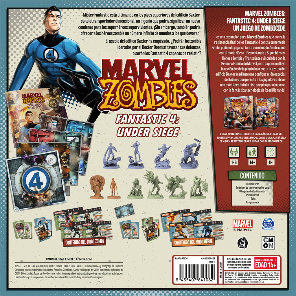 Caja de Marvel Zombies: Fantastic 4 Under Siege. Muestra personajes, componentes del juego y texto.
