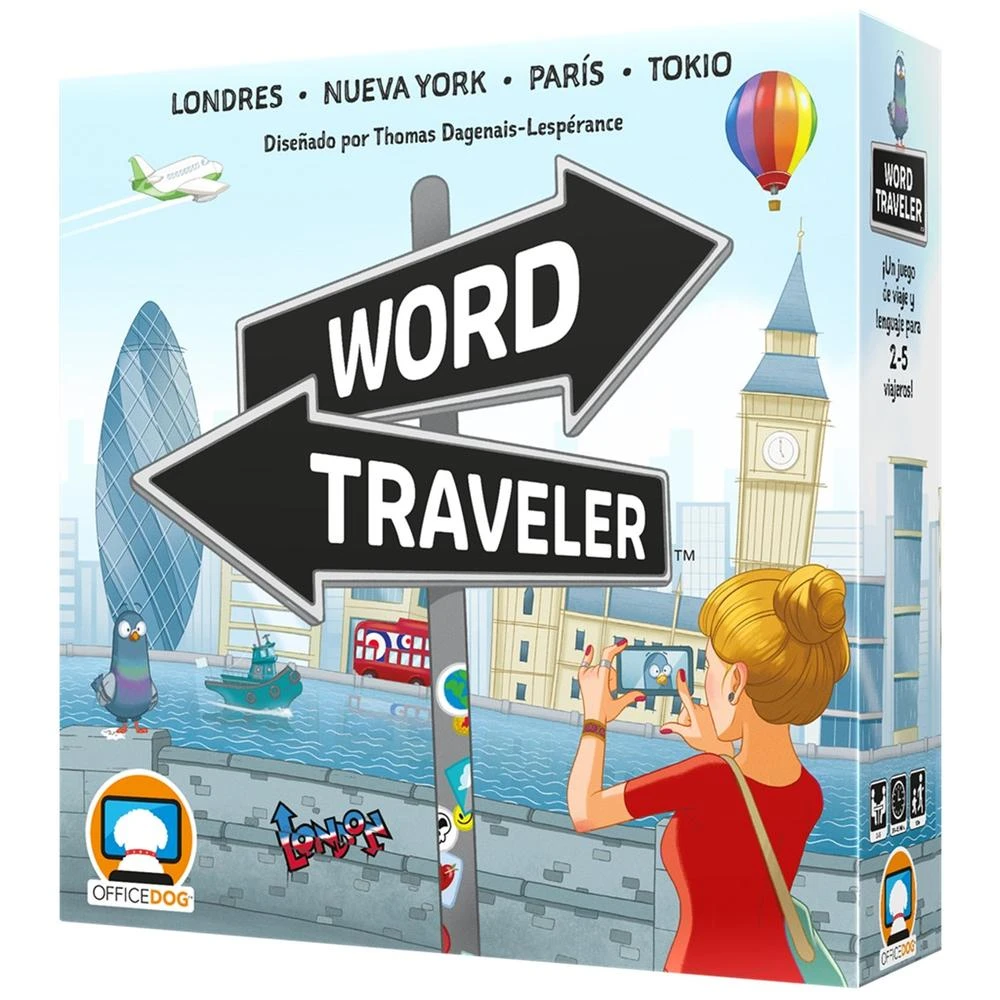 Caja de juego con el título 'Word Traveler', ilustraciones de Londres, Nueva York, París y Tokio. Una mujer está tomando una foto.