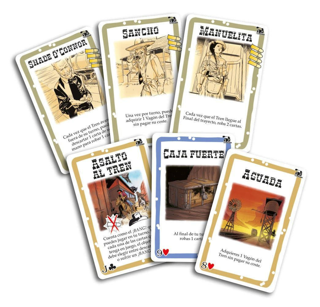 Karten mit Illustrationen von Cowboys und Gebäuden. Text auf Spanisch. Enthält die Wörter: Shade O'Connor, Sancho, Manuelita, Caja Fuerte, Aguada, Asalto al Tren.