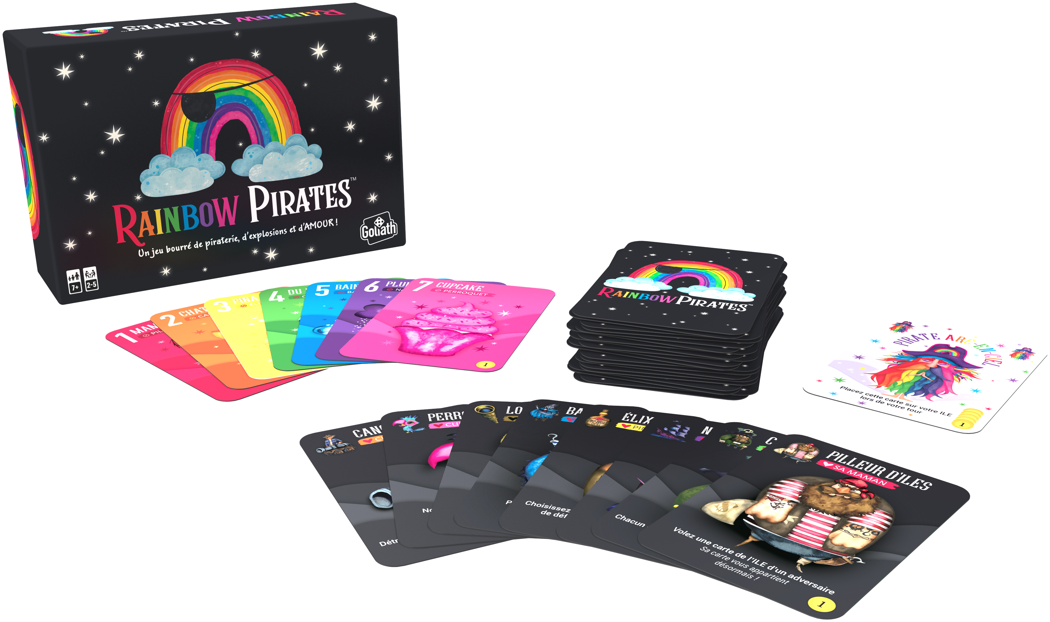Boîte de jeu de société Rainbow Pirates avec des cartes, un arc-en-ciel et plusieurs cartes de jeu.
