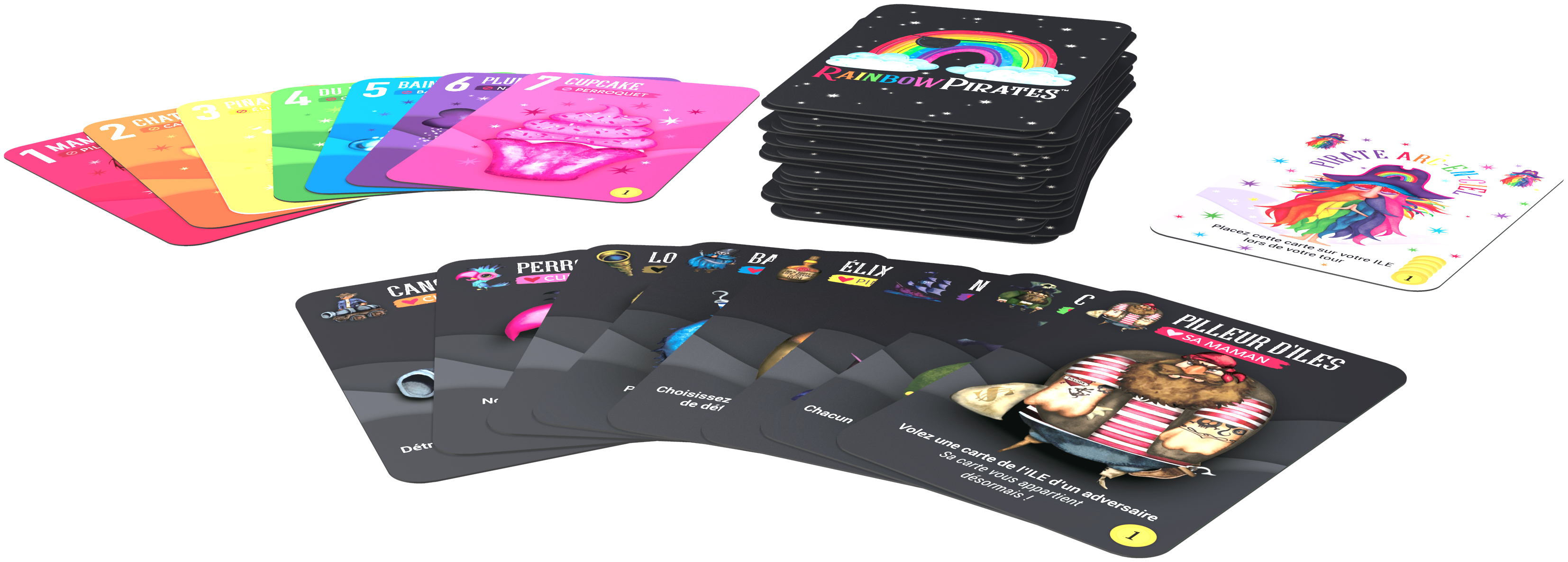 Cartes du jeu Rainbow Pirates. Comprend des cartes arc-en-ciel, une pile de cartes et des illustrations de pirates.