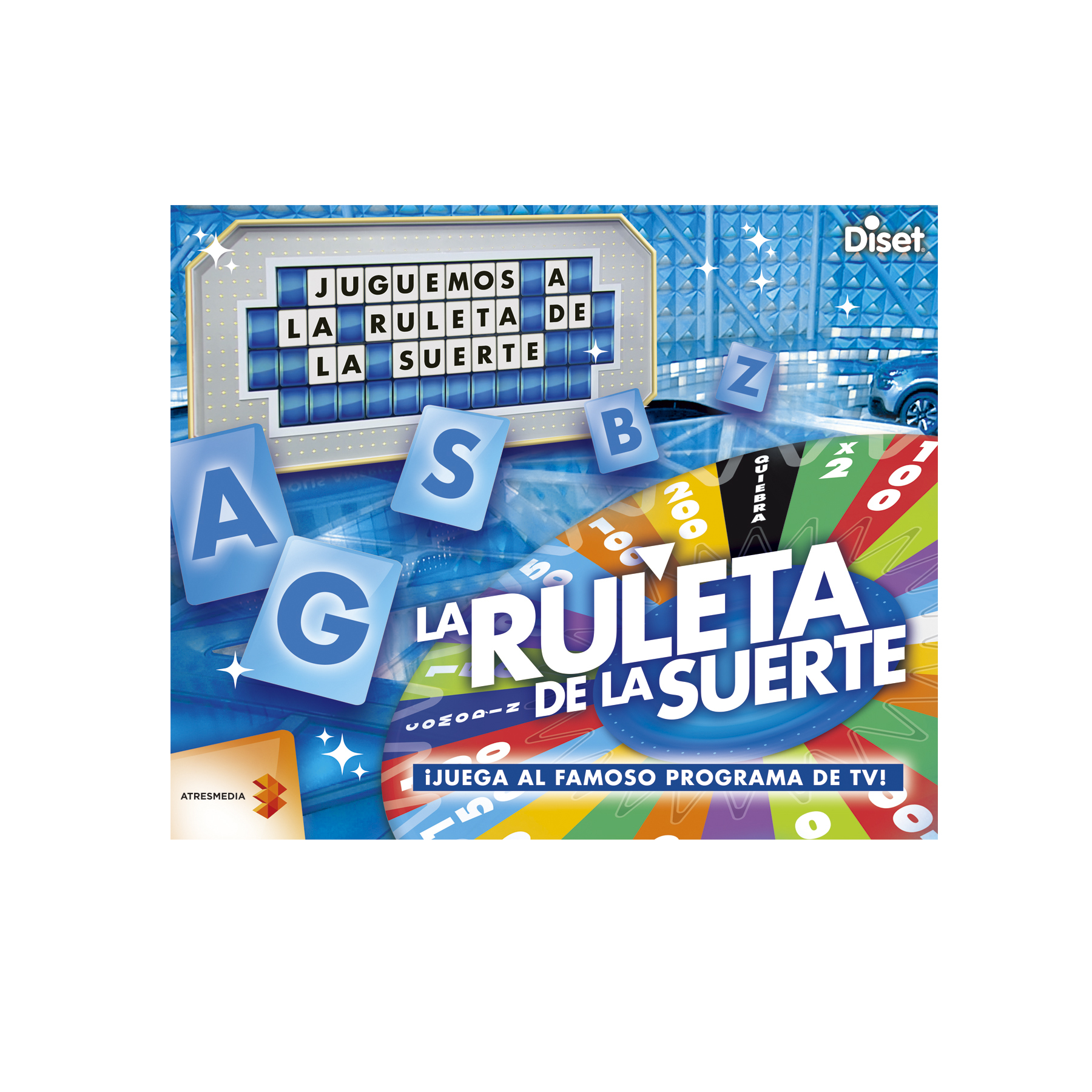 Caja de juego con el título "La Ruleta de la Suerte". Presenta letras, una rueda y el logo de Diset. Incluye un gráfico de coche.