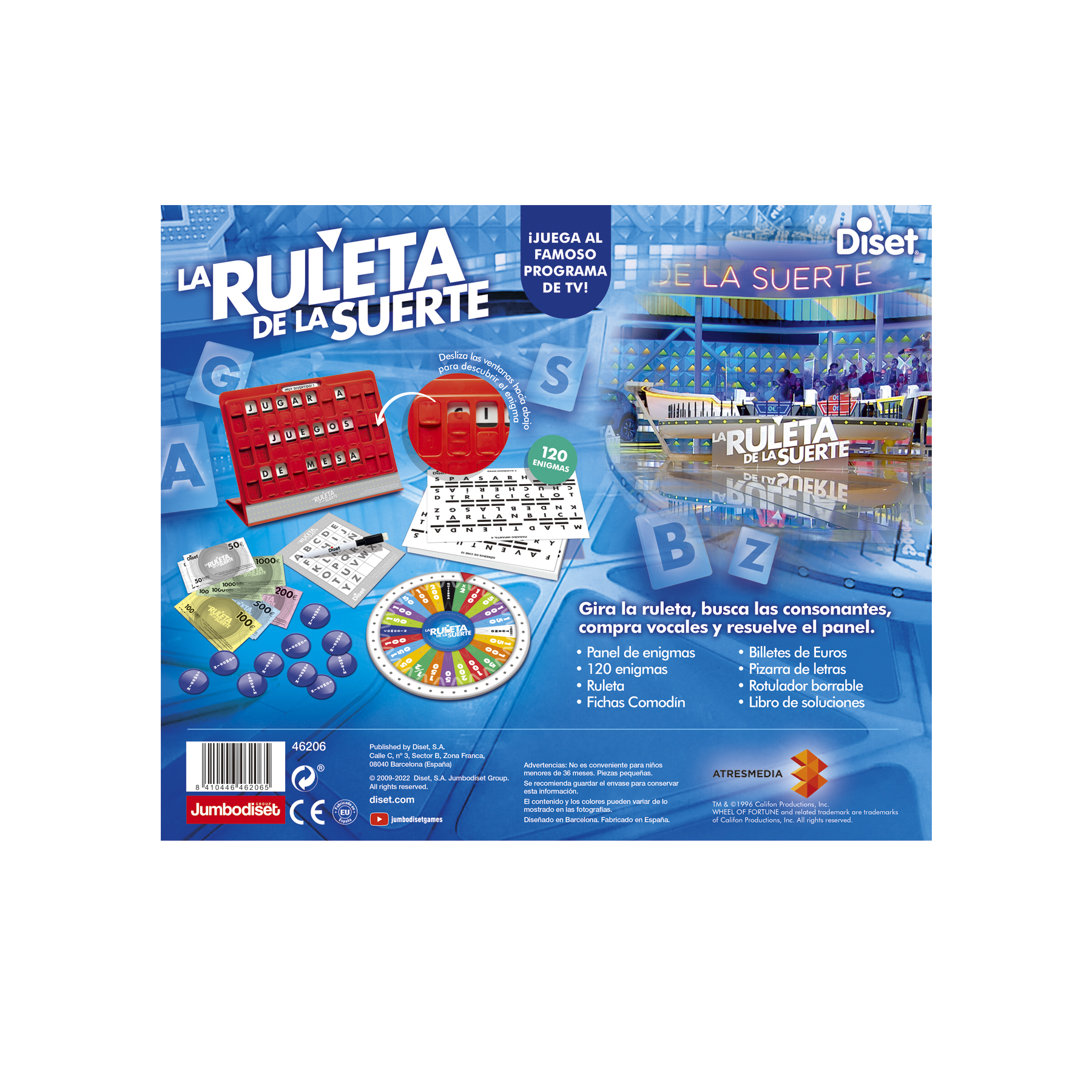 Arte de caja para el juego 'La Ruleta de la Suerte' con piezas y el logo del programa de televisión. Incluye el nombre del juego.